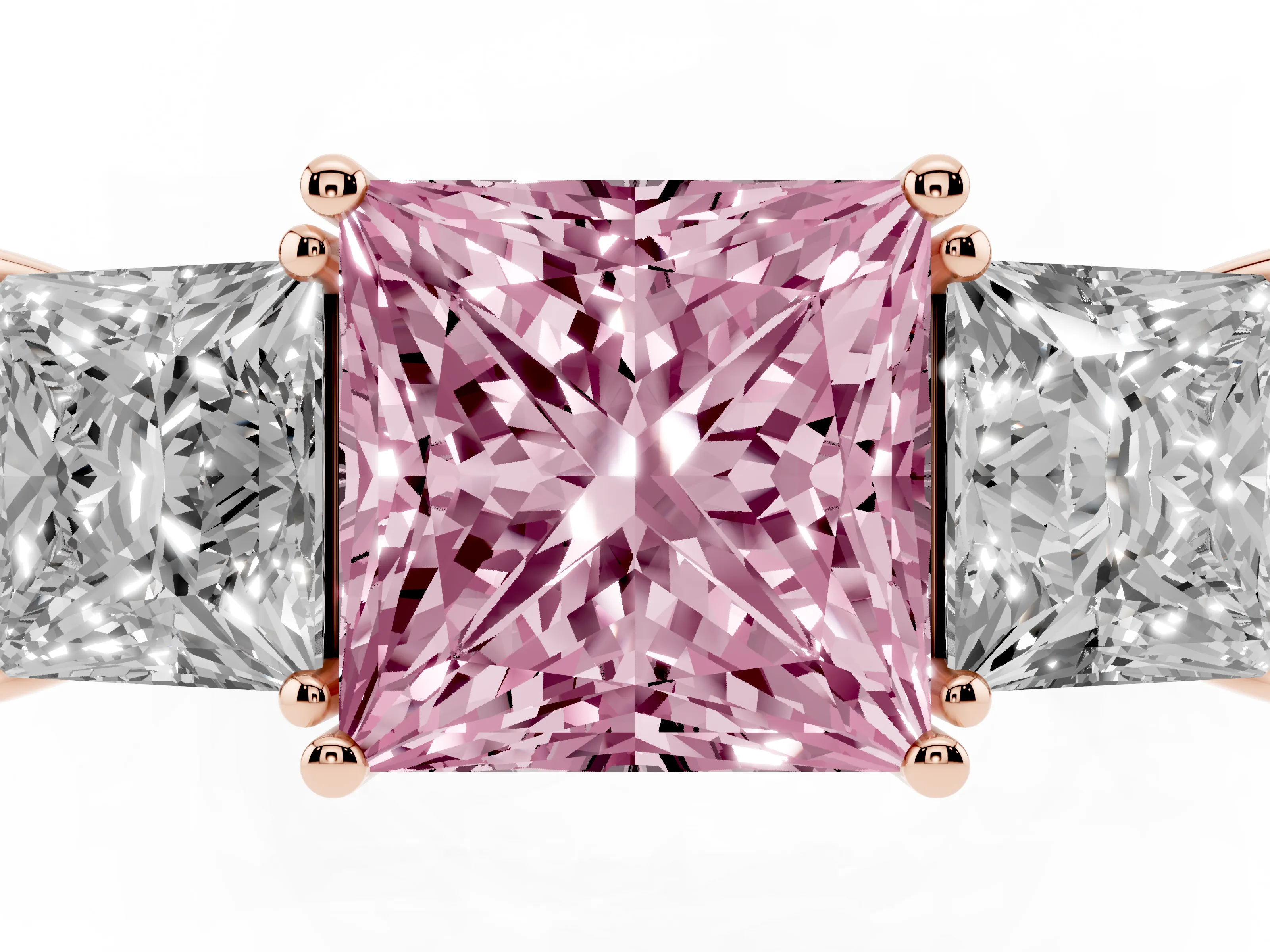 Fancy Pink Princess Cut Diamond Three-Stone Engagement Ring Set in Rose gold with Flat Band