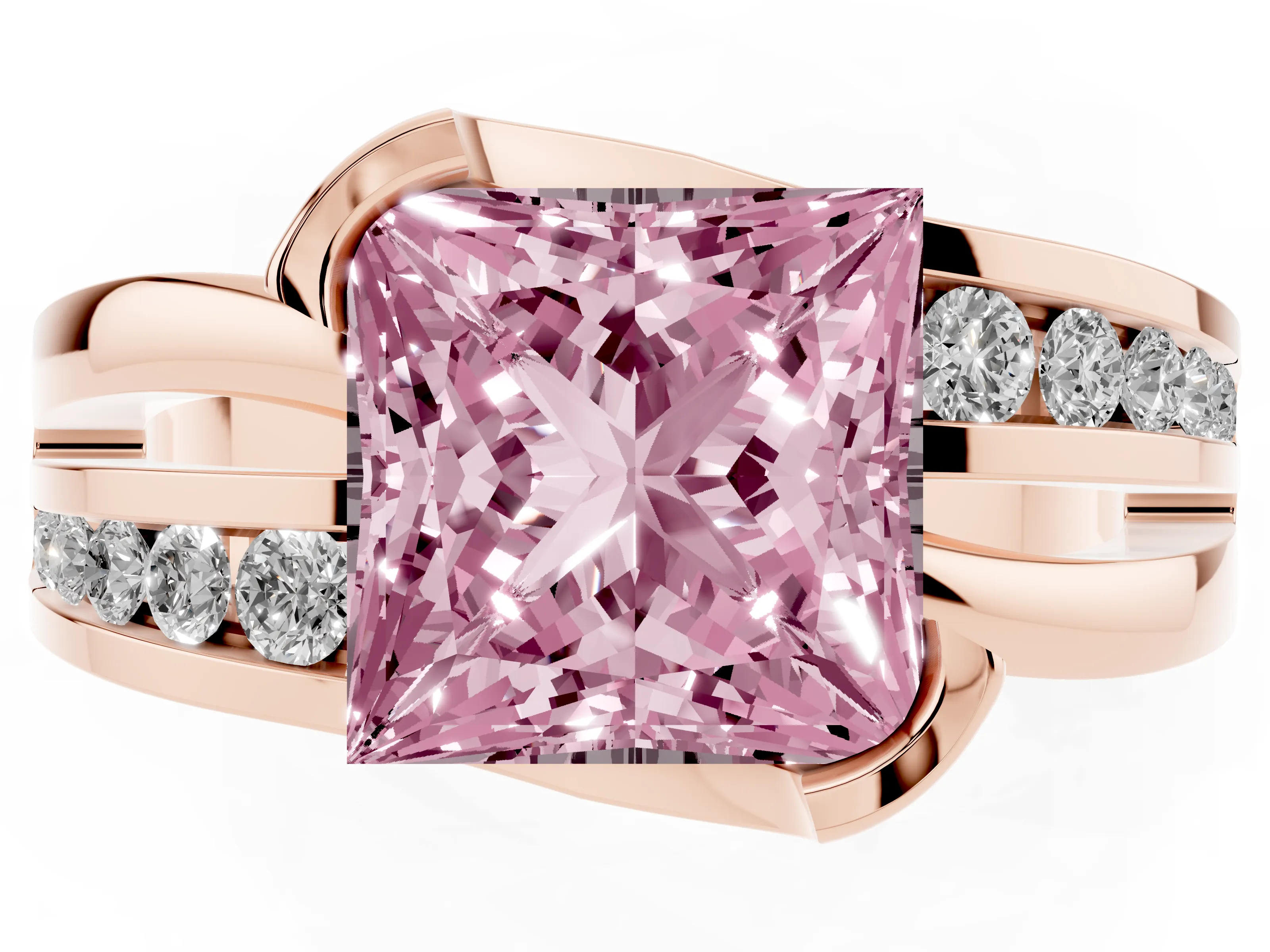 Fancy Pink Princess Cut Diamond Solitaire Ring Set in Rose gold with Channel Set Split Shank and Tension Prongs