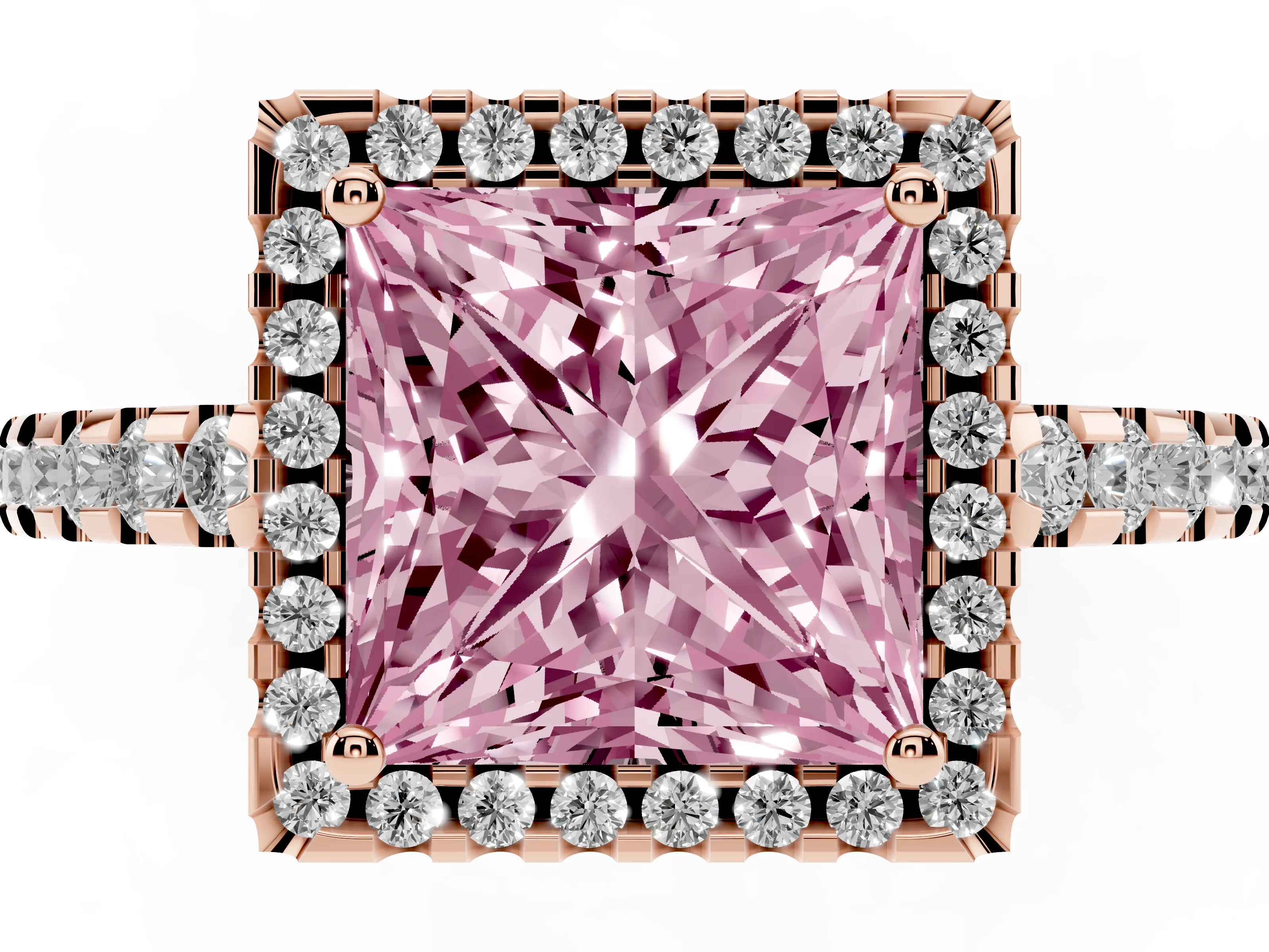 Fancy Pink Princess Cut Diamond Halo Ring Set in Rose gold with Pavé Shoulders and Halo-Framed Center