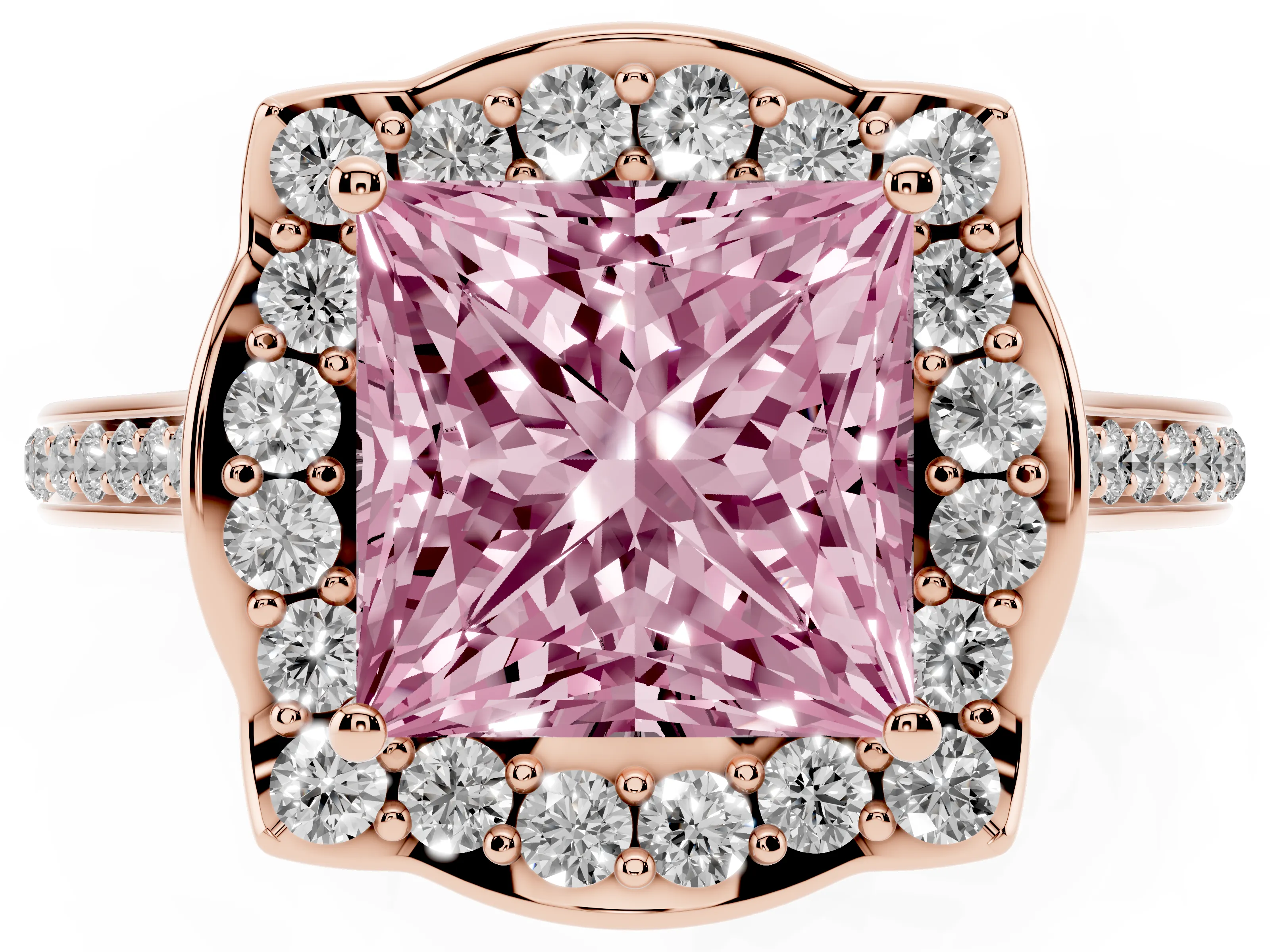 Fancy Pink Princess Cut Diamond Halo Ring Set in Rose gold with Pavé-Lined Shoulders and Prong Setting