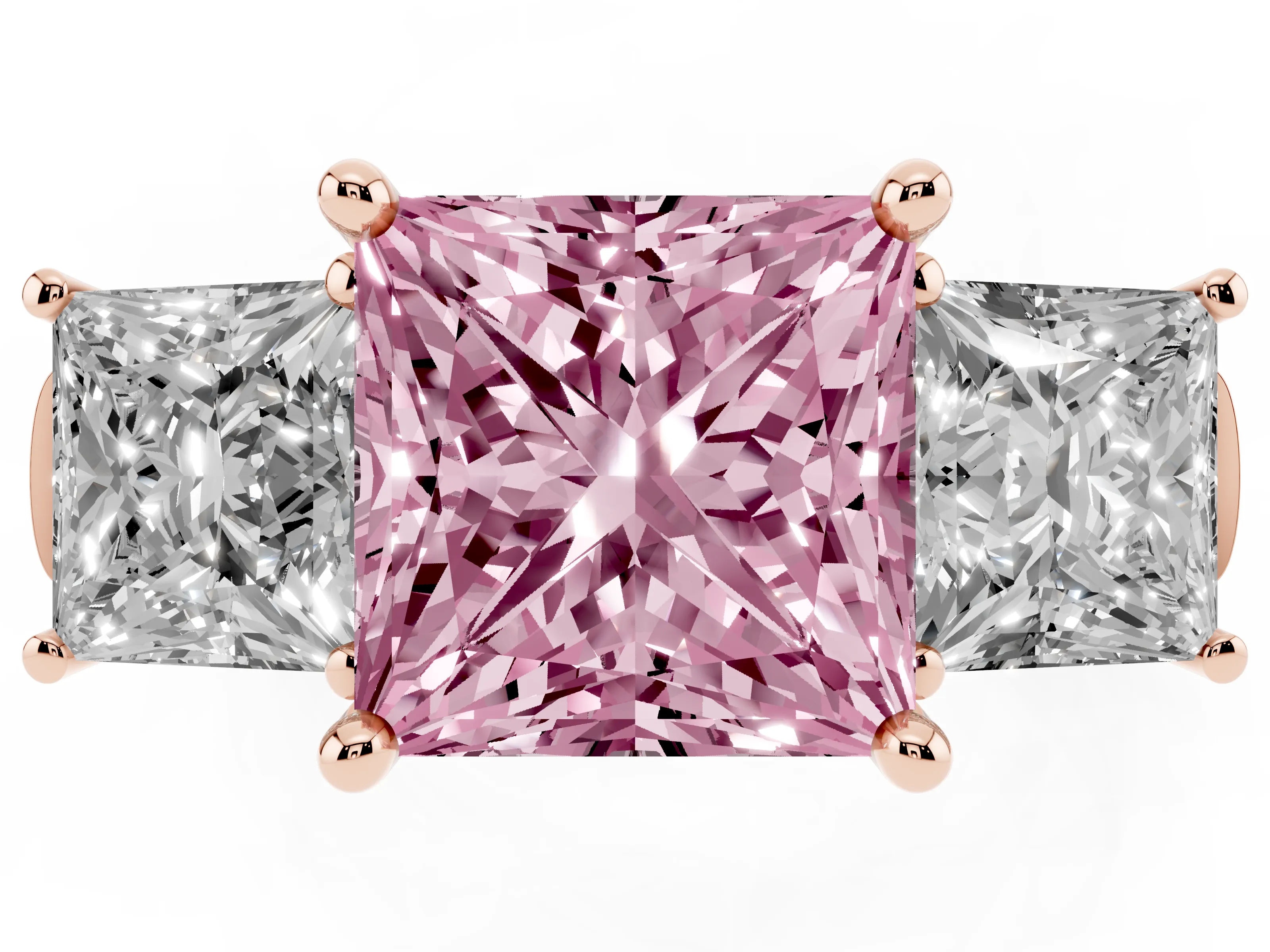 Fancy Pink Princess Cut Diamond Three-Stone Trellis Ring Set in Rose gold with Comfort Fit Band