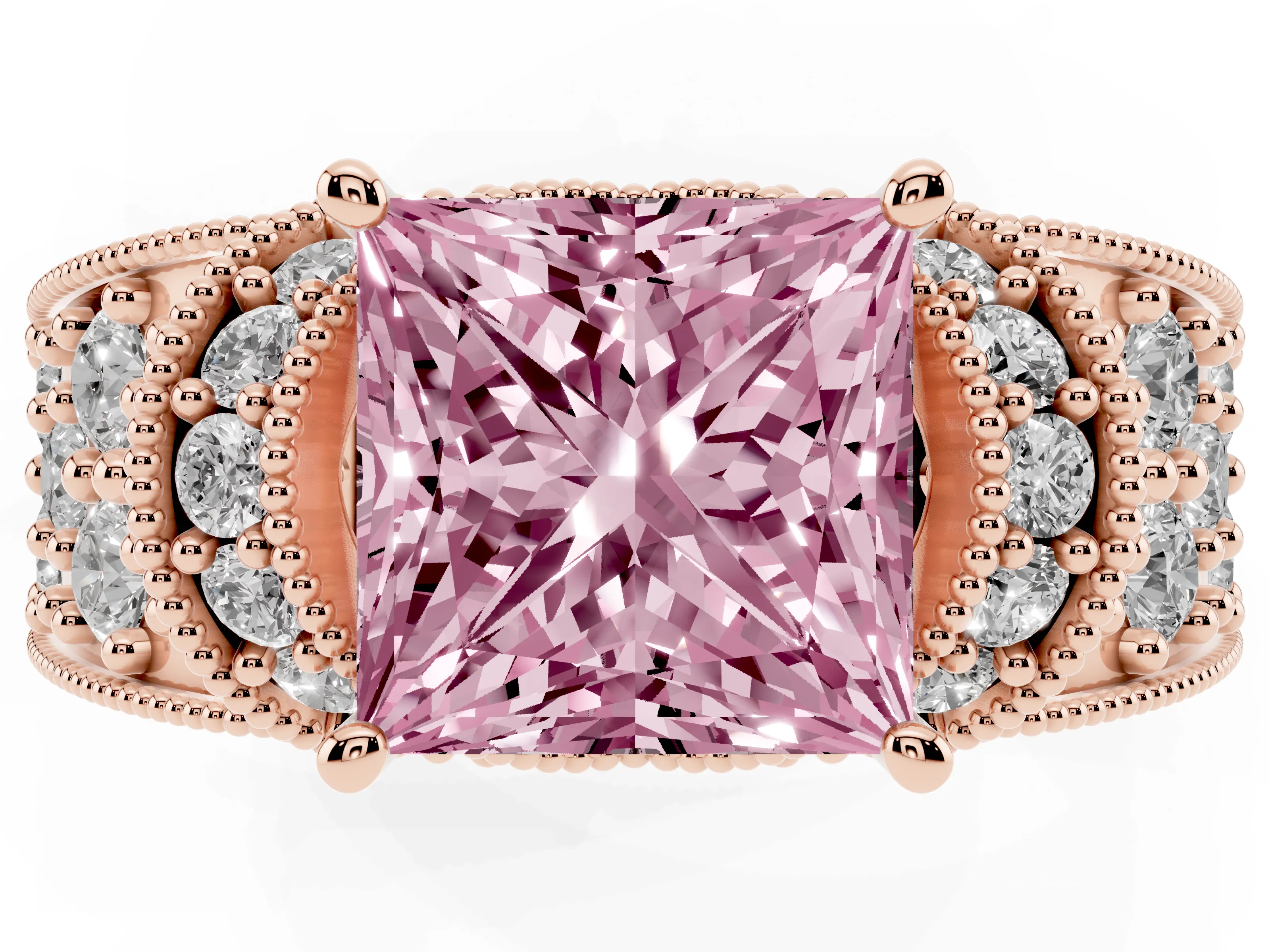 Fancy Pink Princess Cut Diamond Milgrain Halo Pavé Engagement Ring Set in Rose gold with Prong Setting