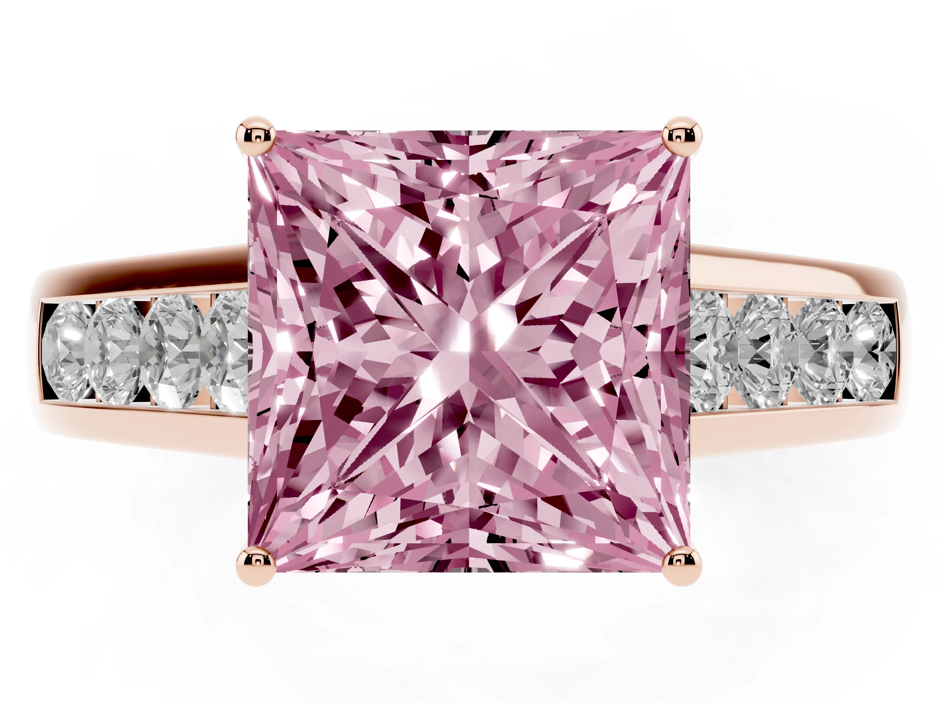 Fancy Pink Princess Cut Diamond Solitaire Channel-Set Engagement Ring Set in Rose gold with Prong Setting