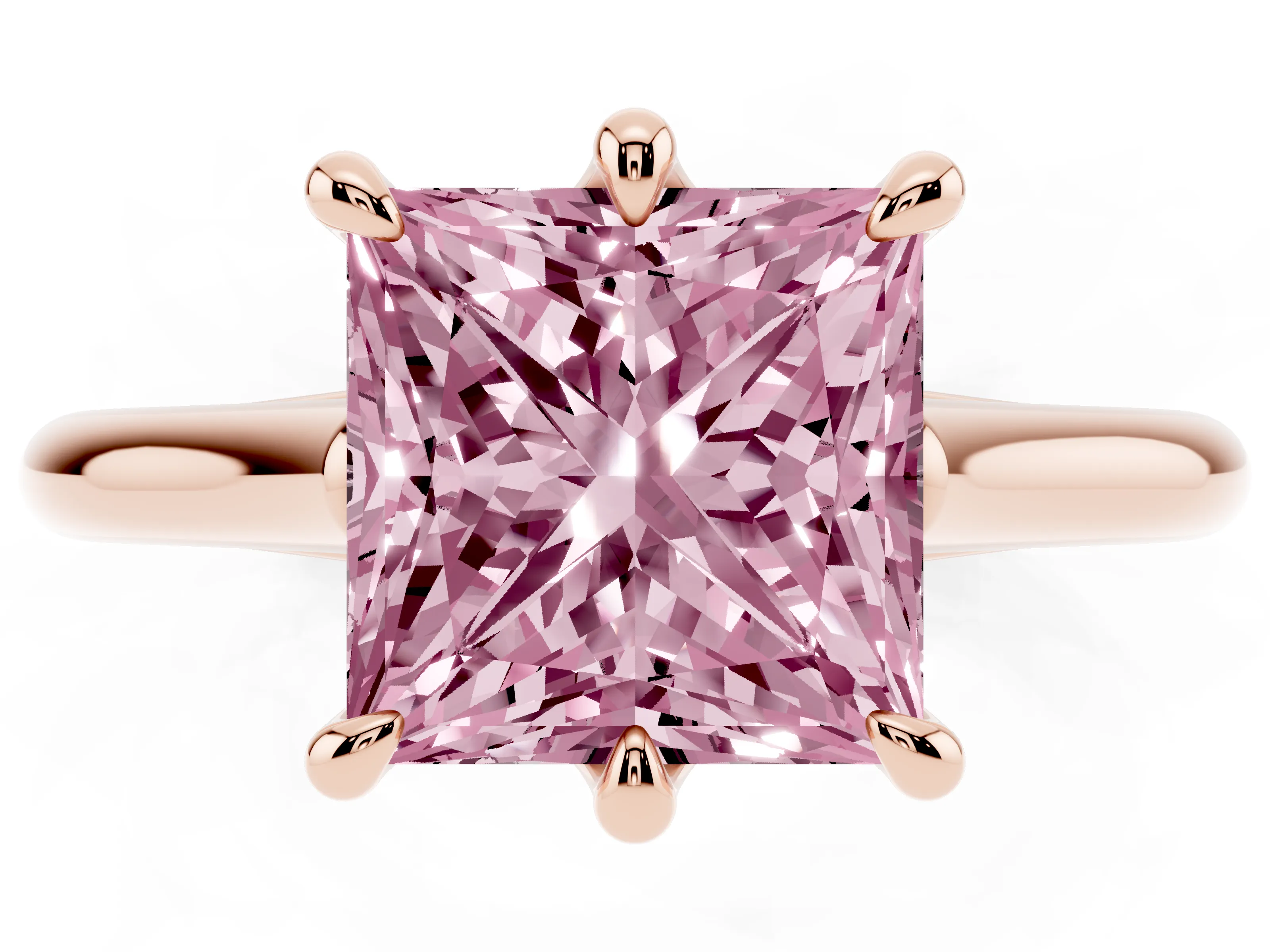 Fancy Pink Princess Cut Diamond Solitaire Engagement Ring Set in Rose gold with Prong Setting and Plain Classic Band