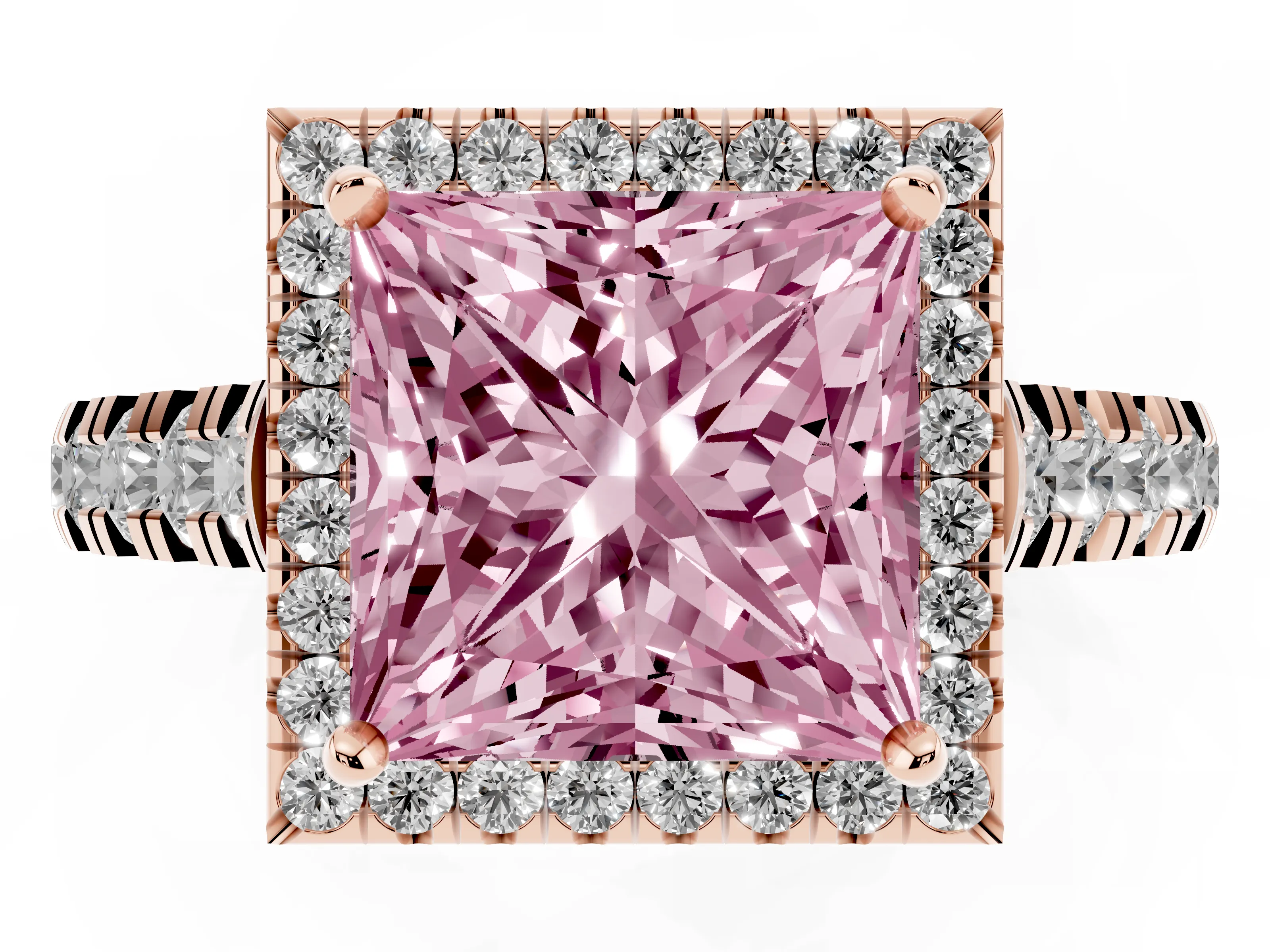 Fancy Pink Princess Cut Diamond Halo Engagement Ring Set in Rose gold with Pavé Band and Prong-Set Center