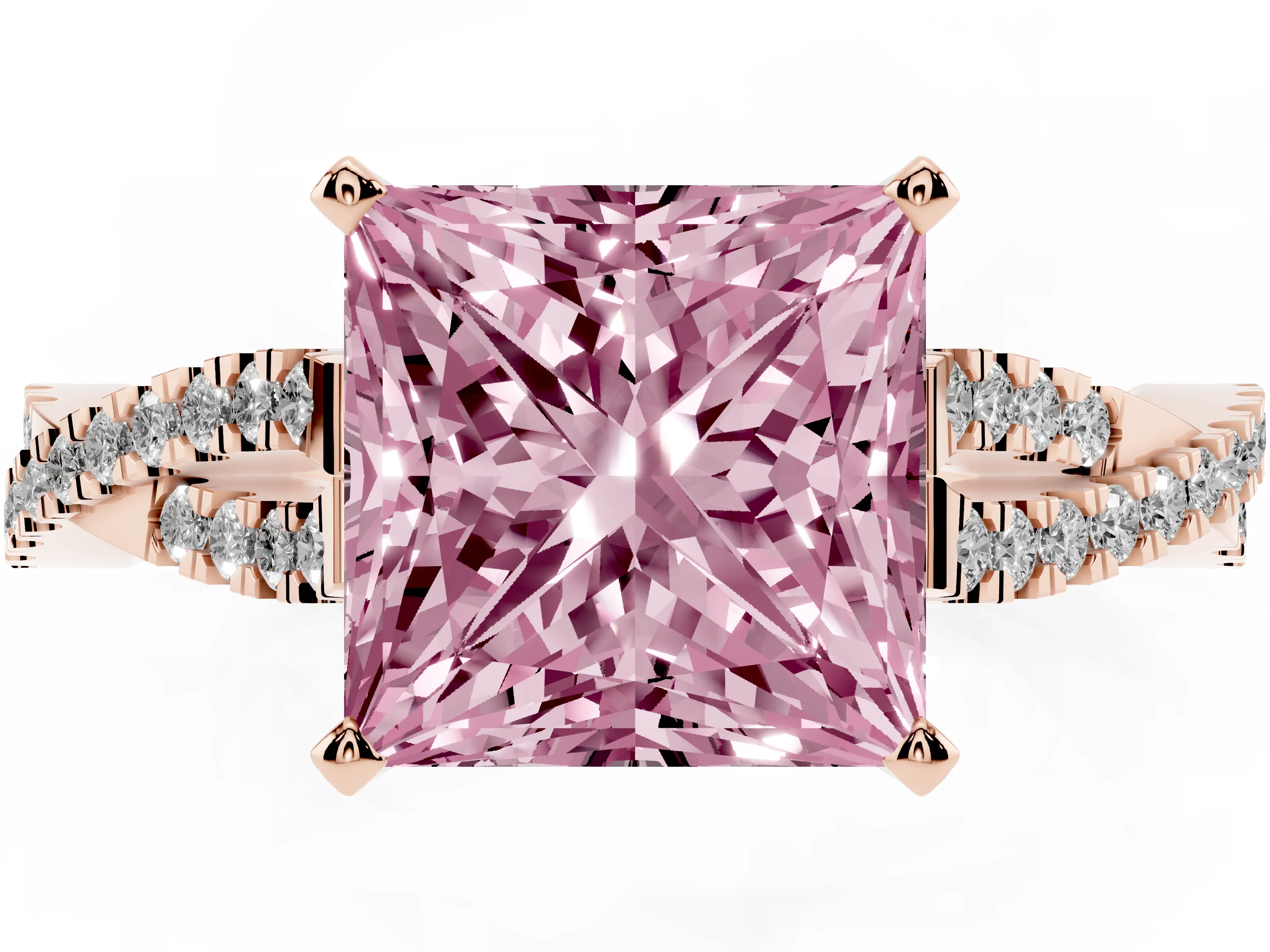 Fancy Pink Princess Cut Diamond Solitaire Engagement Ring Set in Rose gold with Twisted Pavé Band and Prong Setting