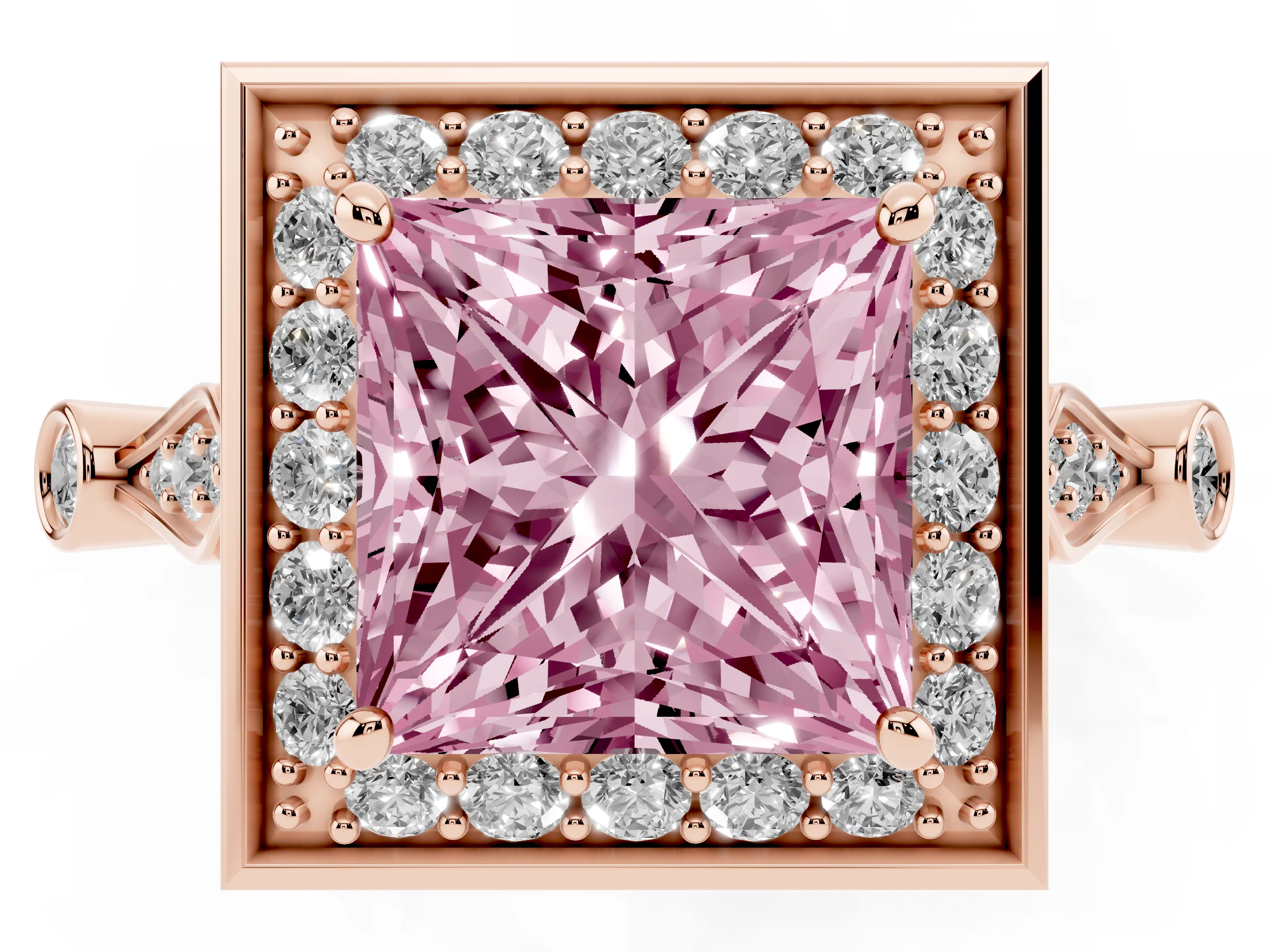 Fancy Pink Princess Cut Diamond Halo Engagement Ring Set in Rose gold with Twisted Band and Prong Setting
