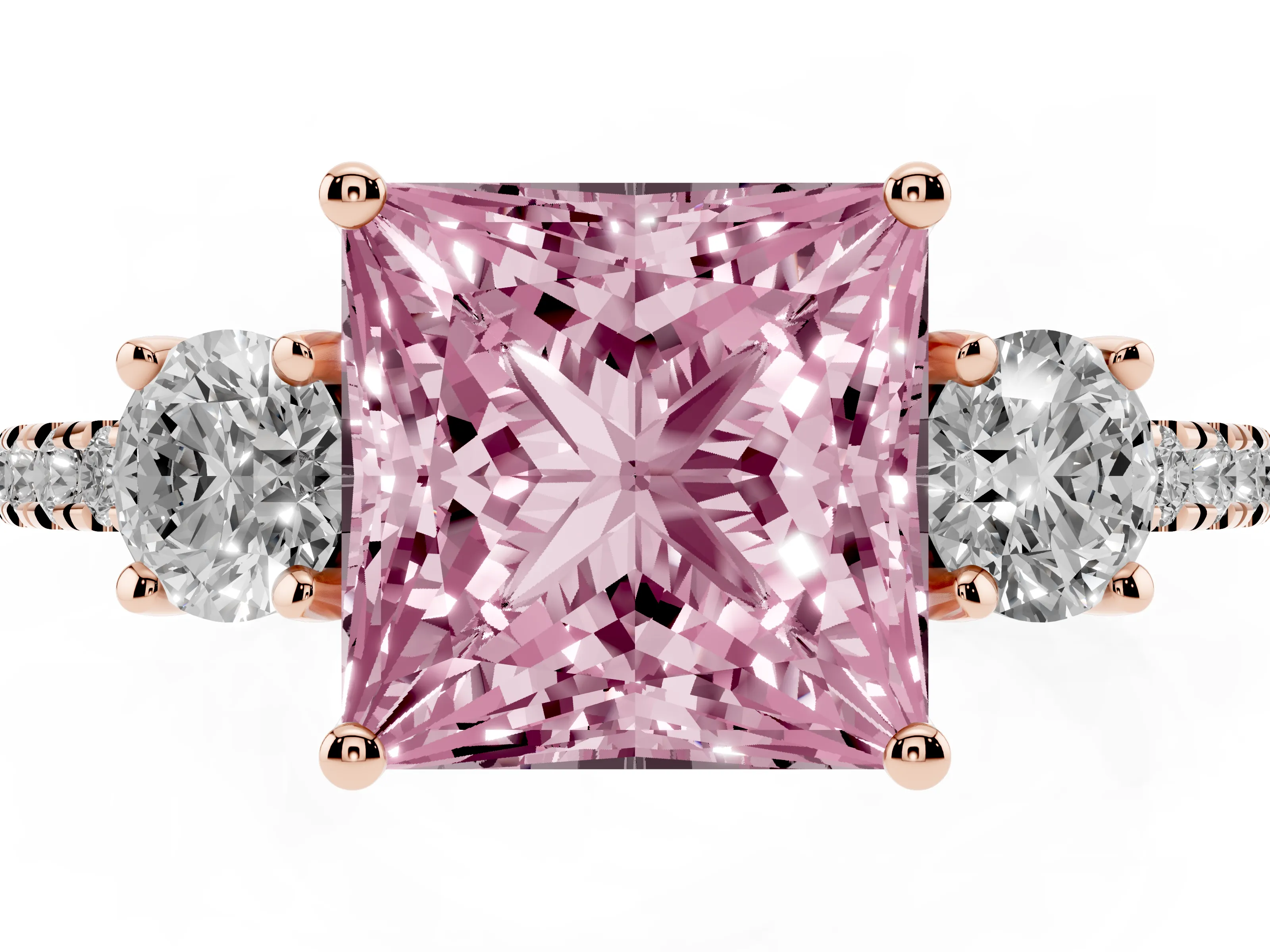 Fancy Pink Princess Cut Diamond Three-Stone Ring Set in Rose gold with Pavé Band and Graduated Sides