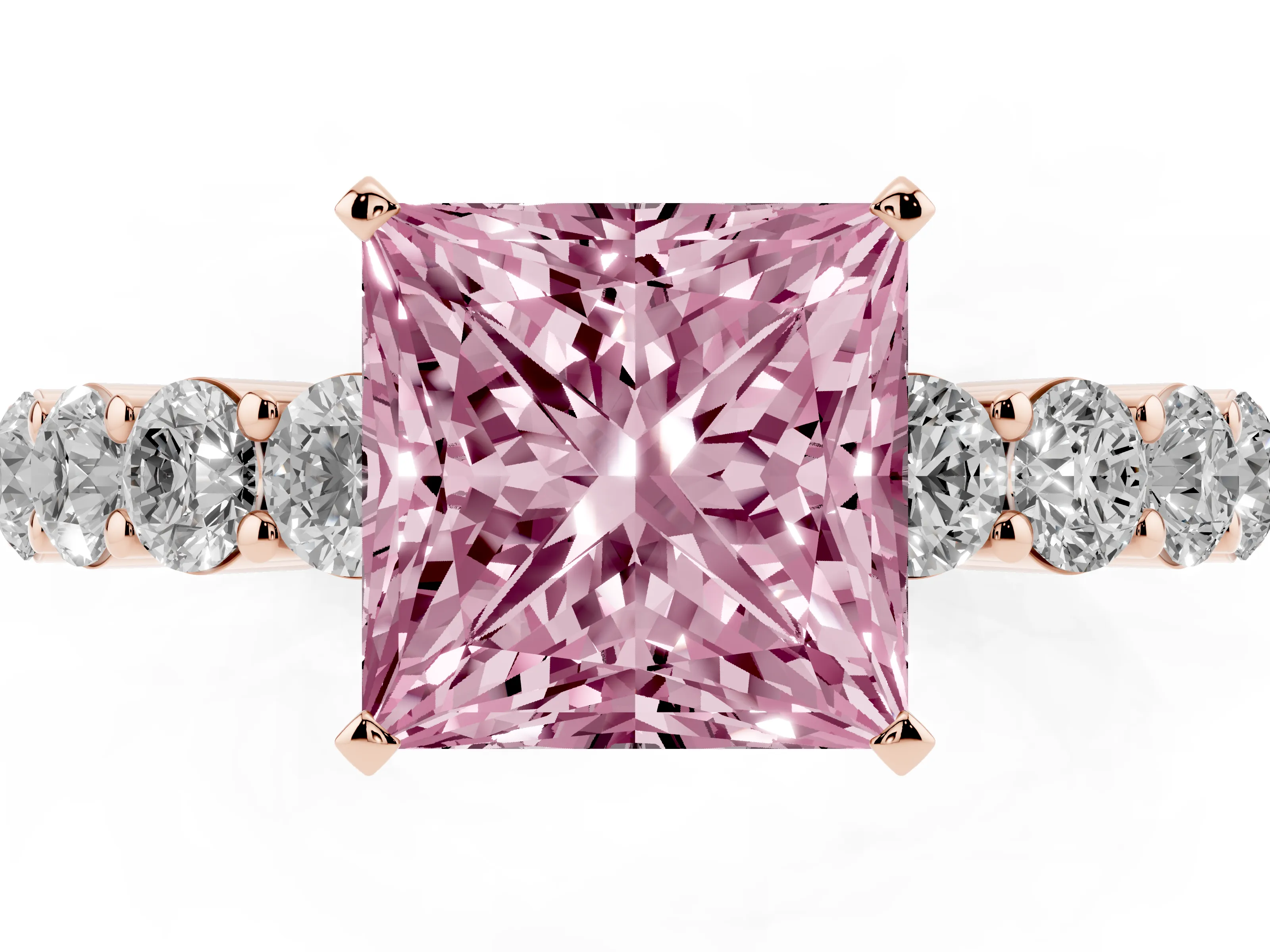 Fancy Pink Princess Cut Diamond Solitaire Ring Set in Rose gold with Shared Prong Round Side Stones