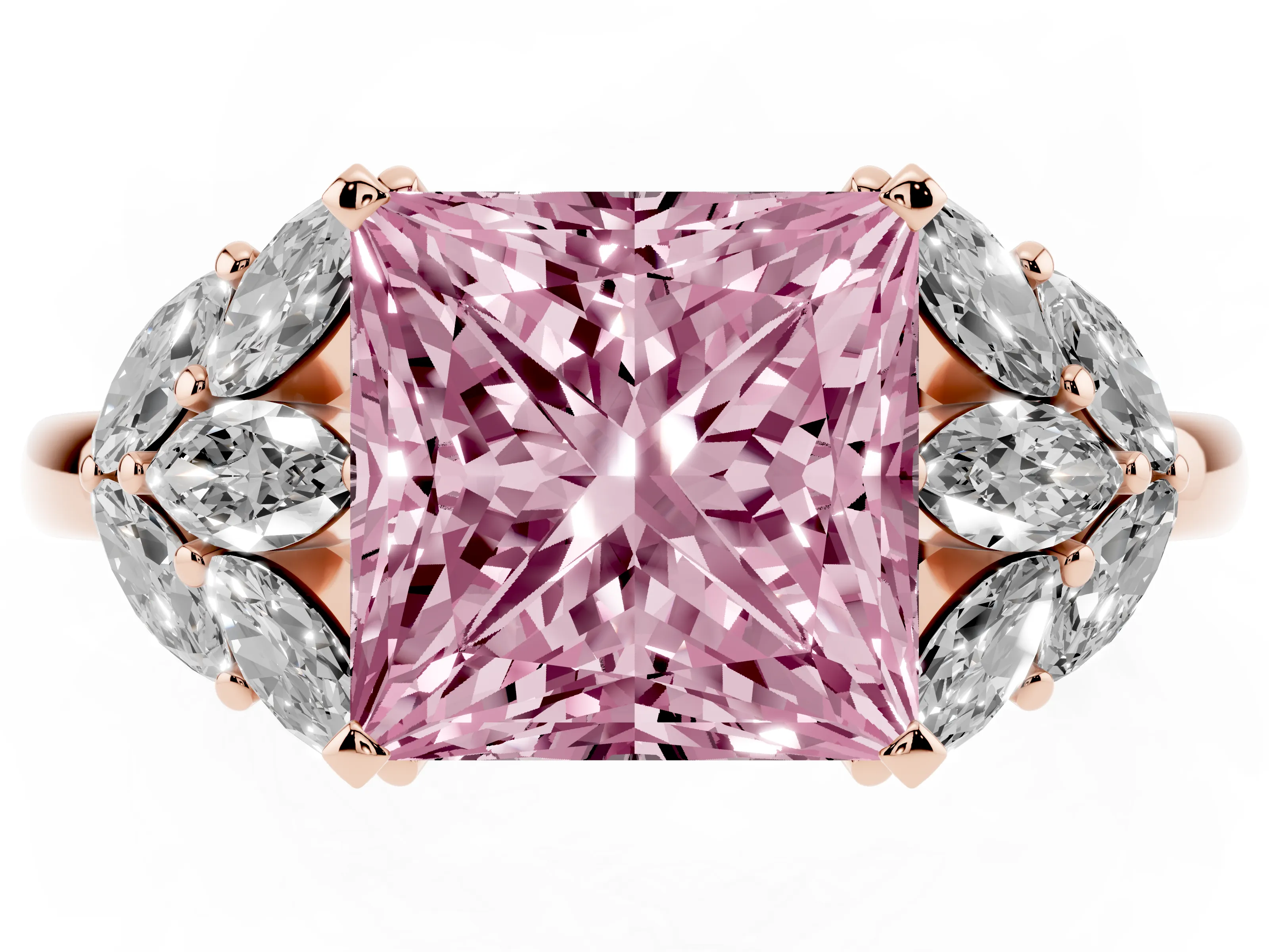 Fancy Pink Princess Cut Diamond Cluster Leaf Design Ring Set in Rose gold with Prong Setting