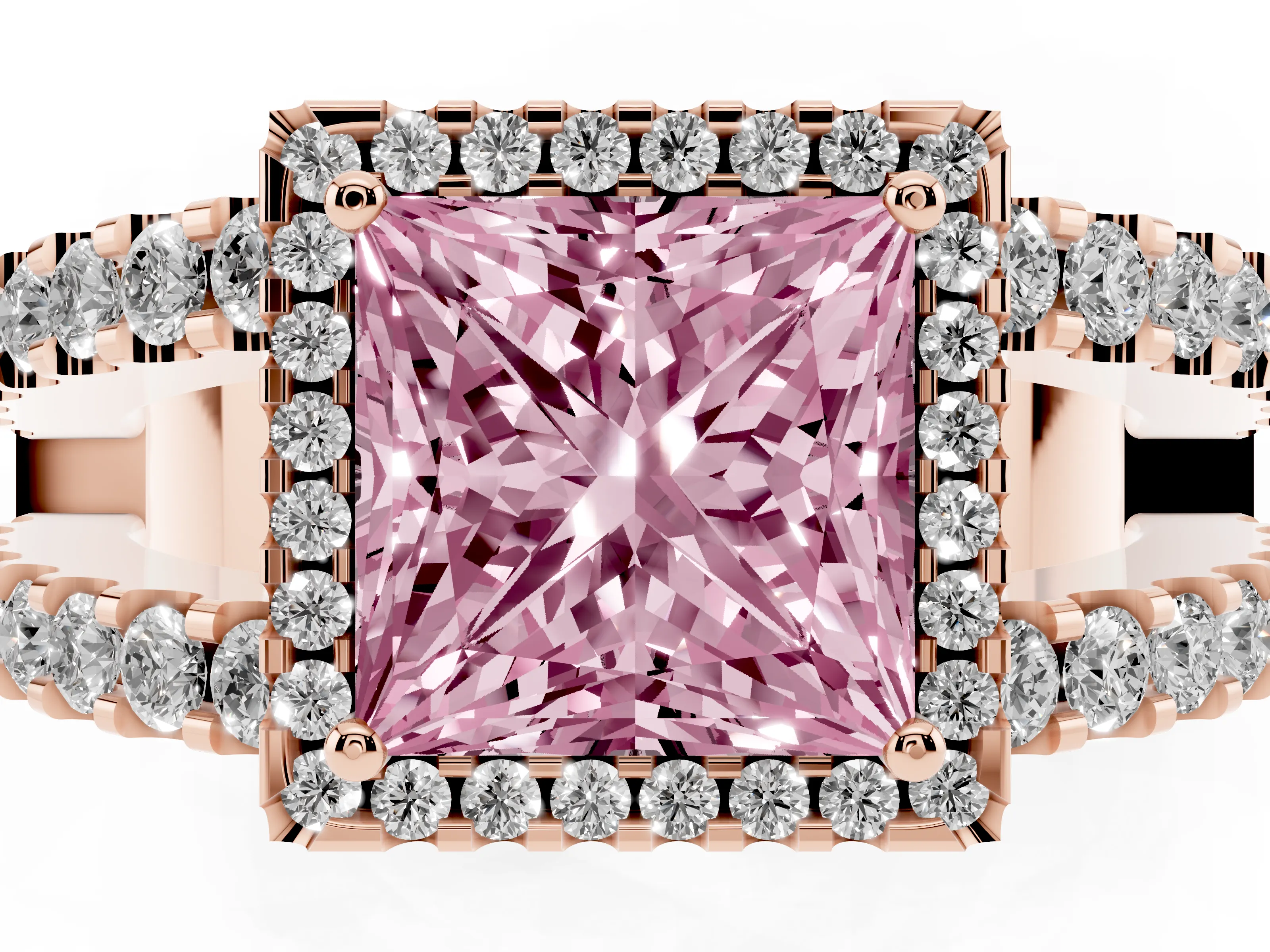 Fancy Pink Princess Cut Diamond Halo Ring Set in Rose gold with Pavé Split Shank and Prong Setting