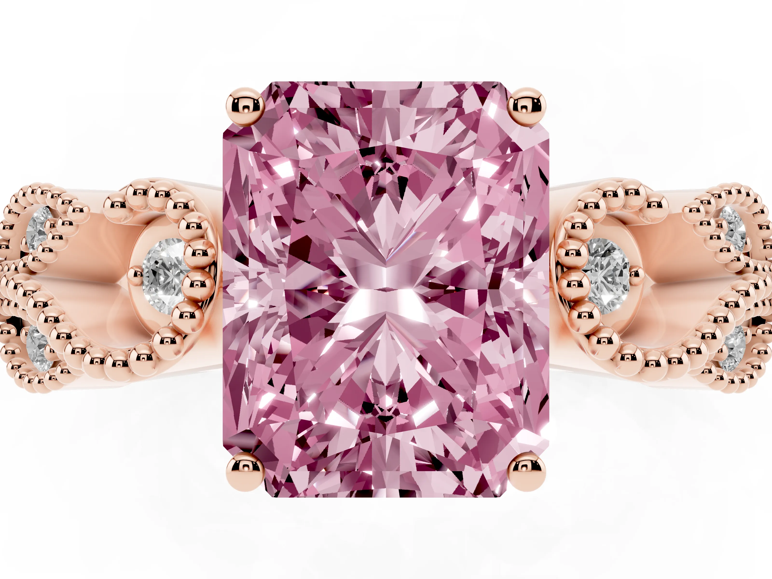Fancy Pink Princess Cut Diamond Milgrain Leaf Band Solitaire Ring Set in Rose gold with Accent Stones and Prong Setting