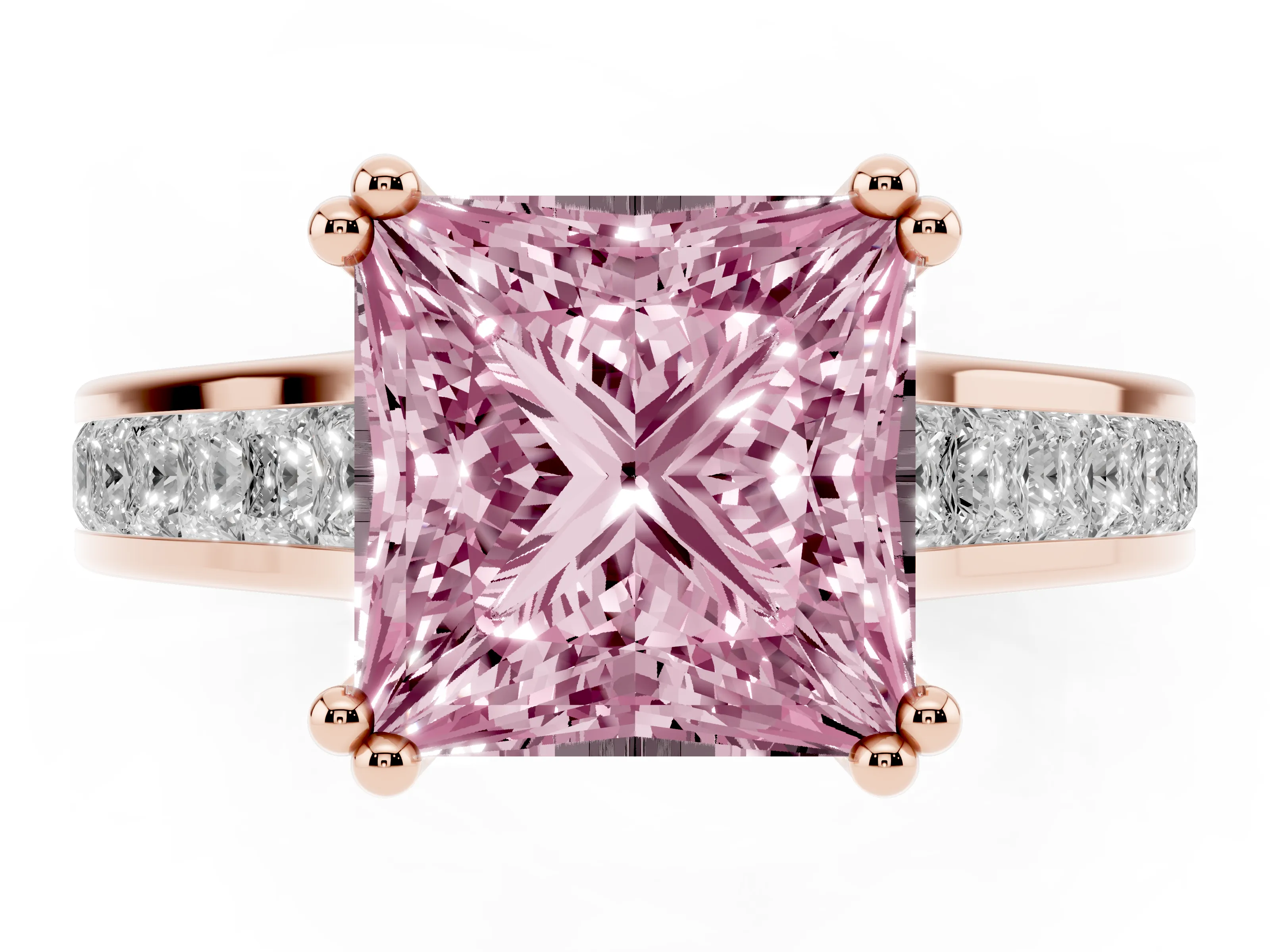 Fancy Pink Princess Cut Diamond Channel Set Solitaire Engagement Ring Set in Rose gold with Prong Setting