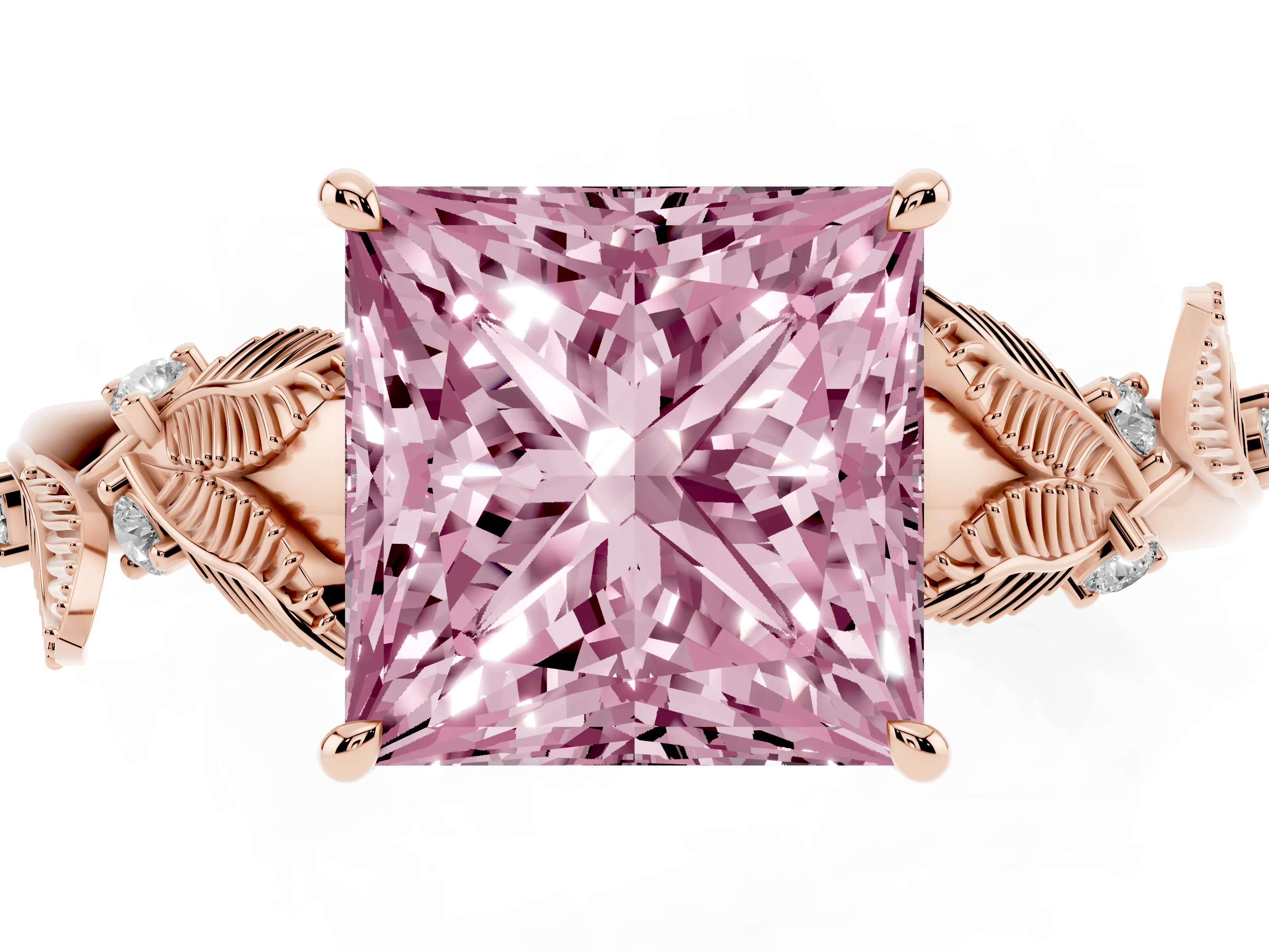 Fancy Pink Princess Cut Diamond Solitaire Ring Set in Rose gold with Leaf Motif Band