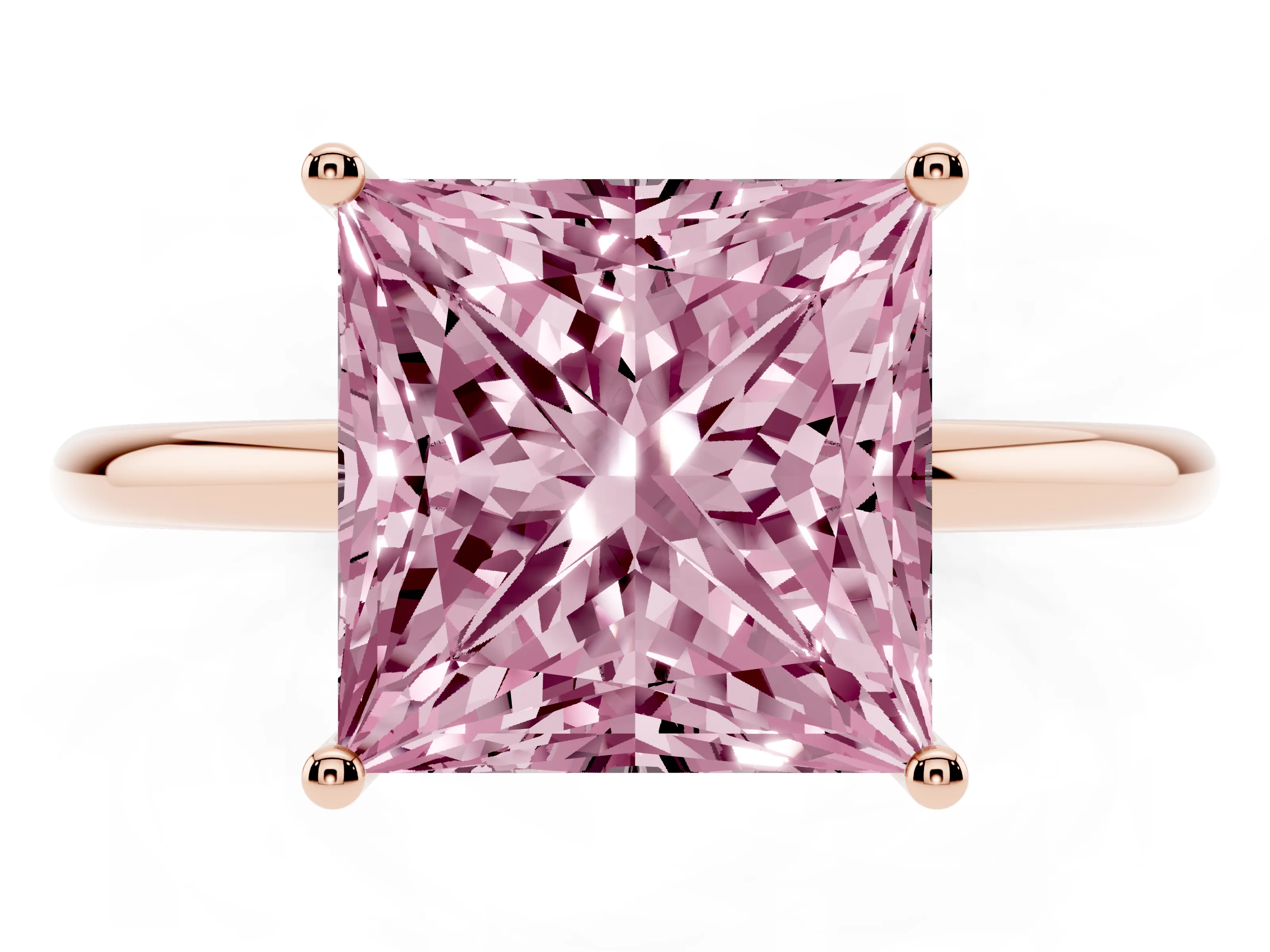Fancy Pink Princess Cut Diamond Solitaire Engagement Ring Set in Rose gold with Thin Band and Prong Setting