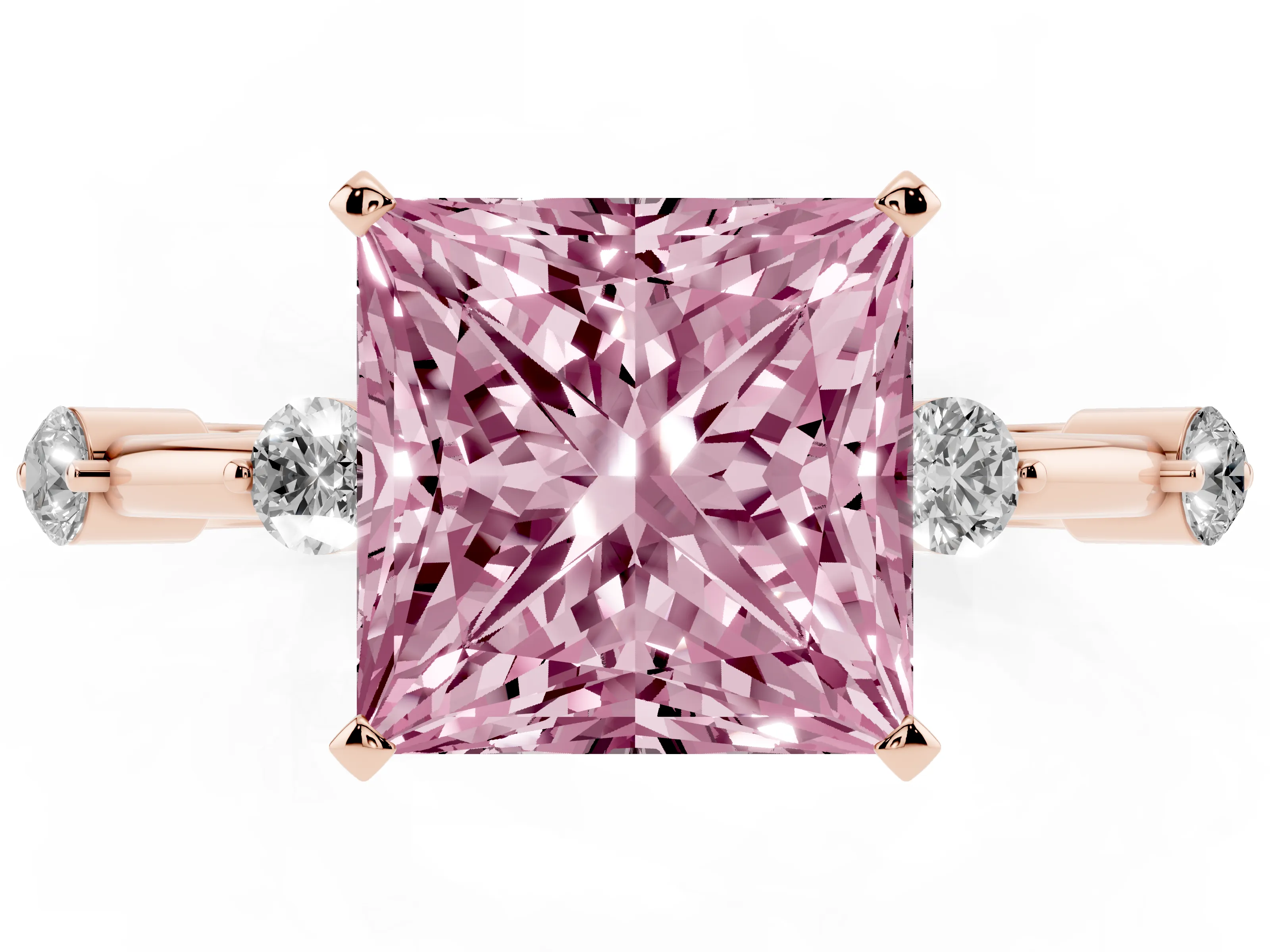 Fancy Pink Princess Cut Diamond Solitaire Ring Set in Rose gold with Bezel Set Side Stones and Prong Setting