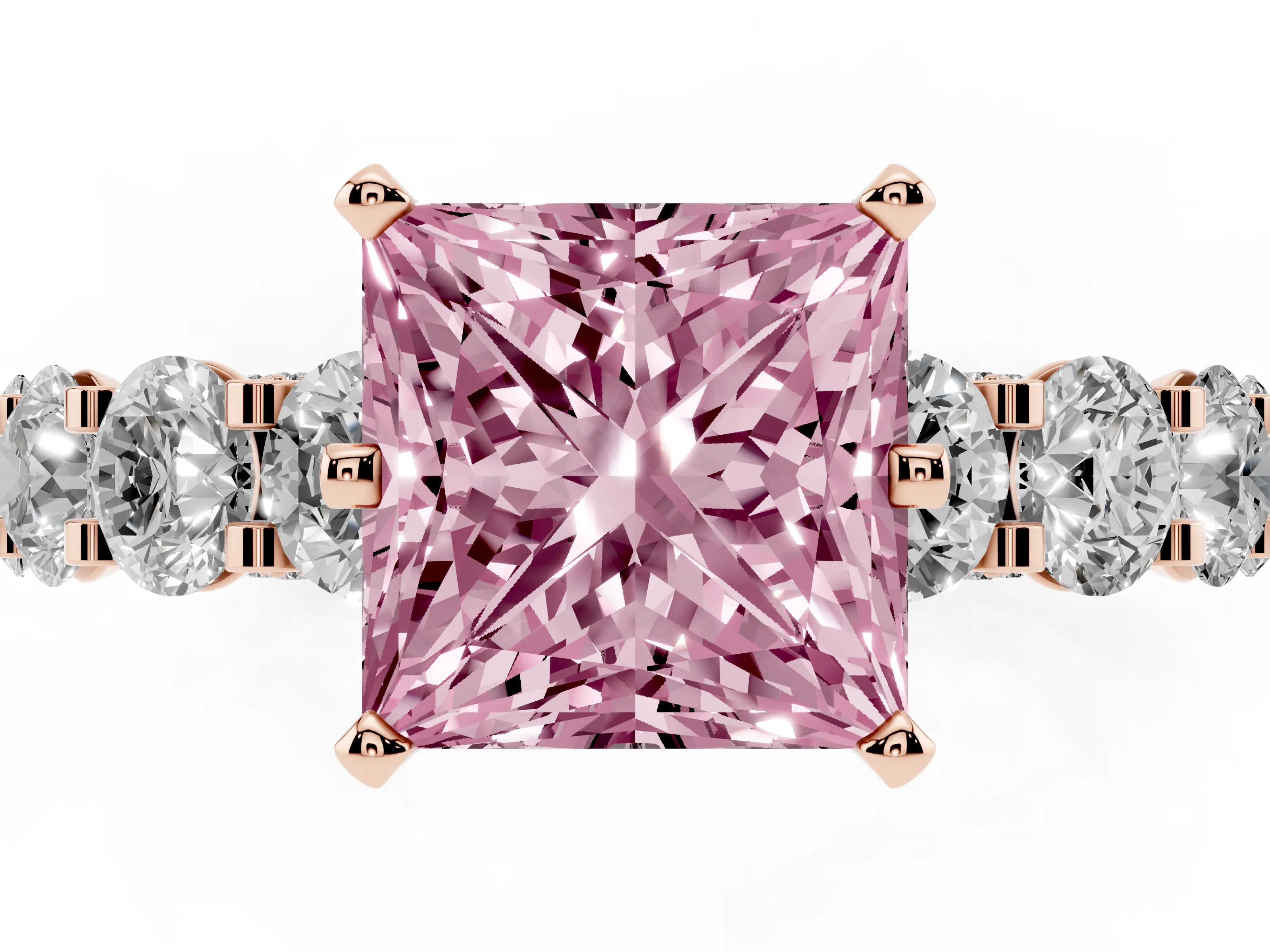 Fancy Pink Princess Cut Diamond Side Stone Ring Set in Rose gold with Alternating Round and Oval Side Stones