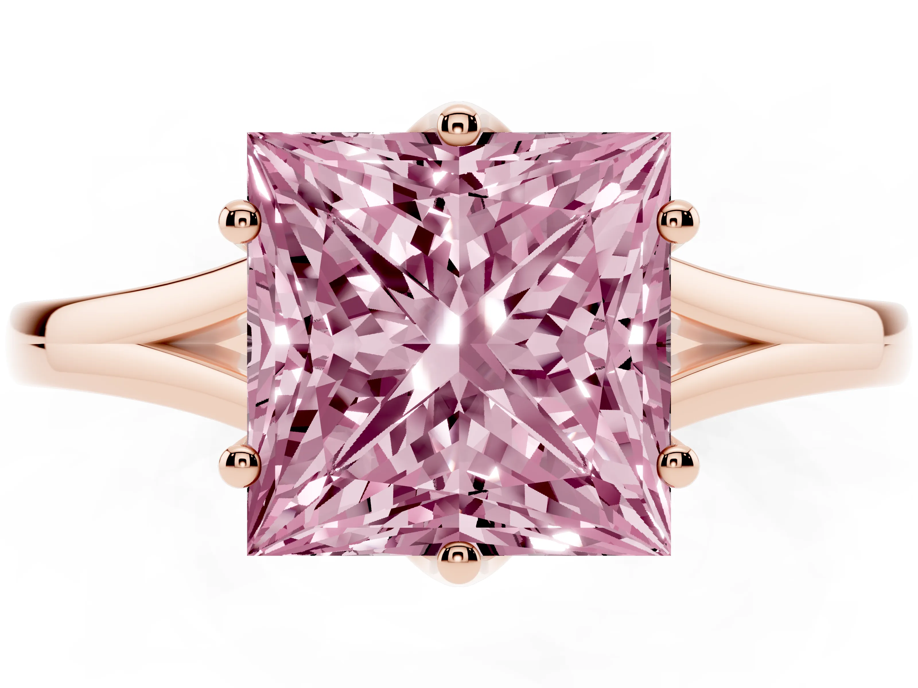 Fancy Pink Princess Cut Diamond Solitaire Ring Set in Rose gold with Polished Tapered Band and Prong Setting