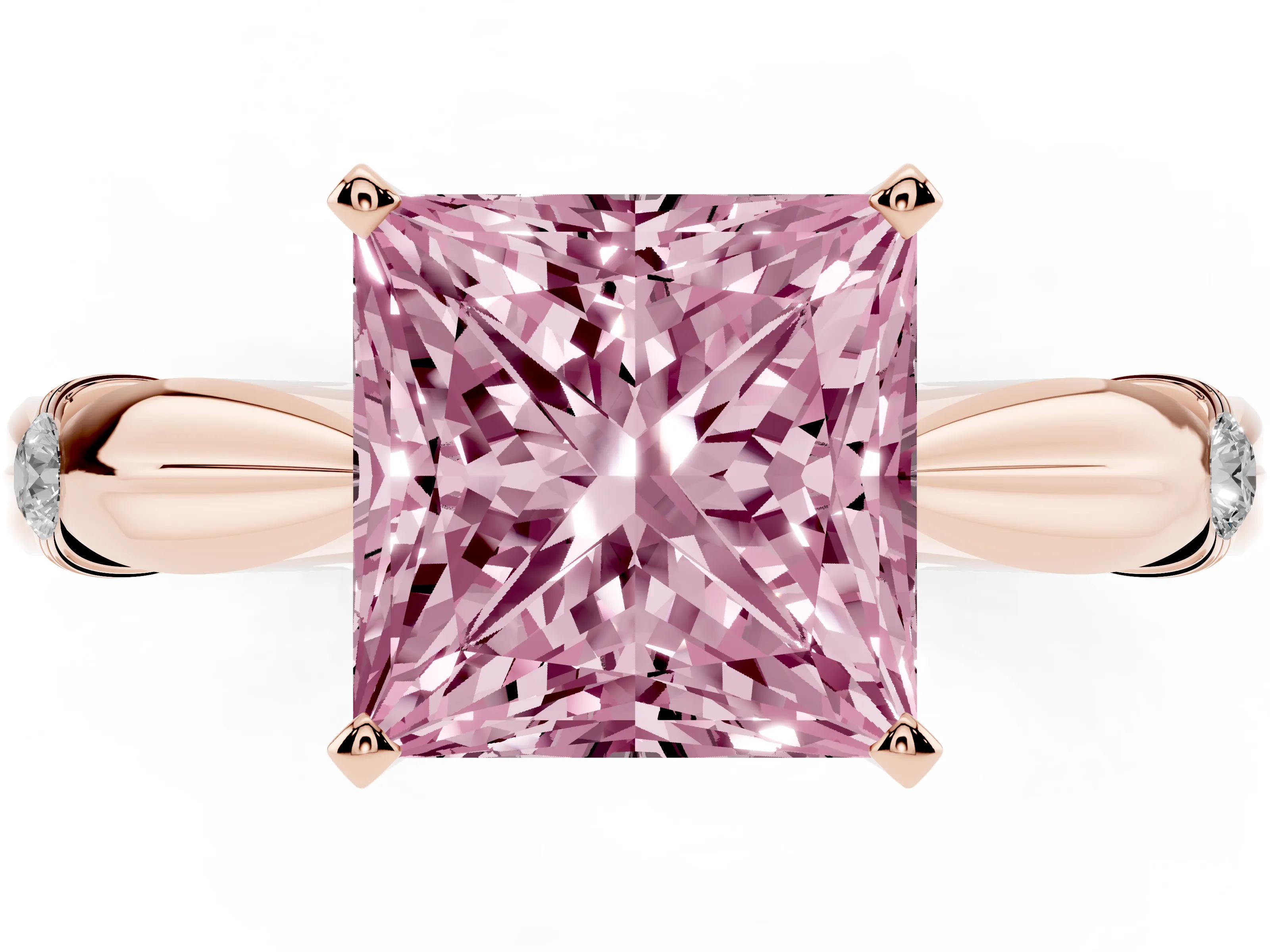 Fancy Pink Princess Cut Diamond Solitaire Twisted Band Ring Set in Rose gold with Accent Stones and Prong Setting
