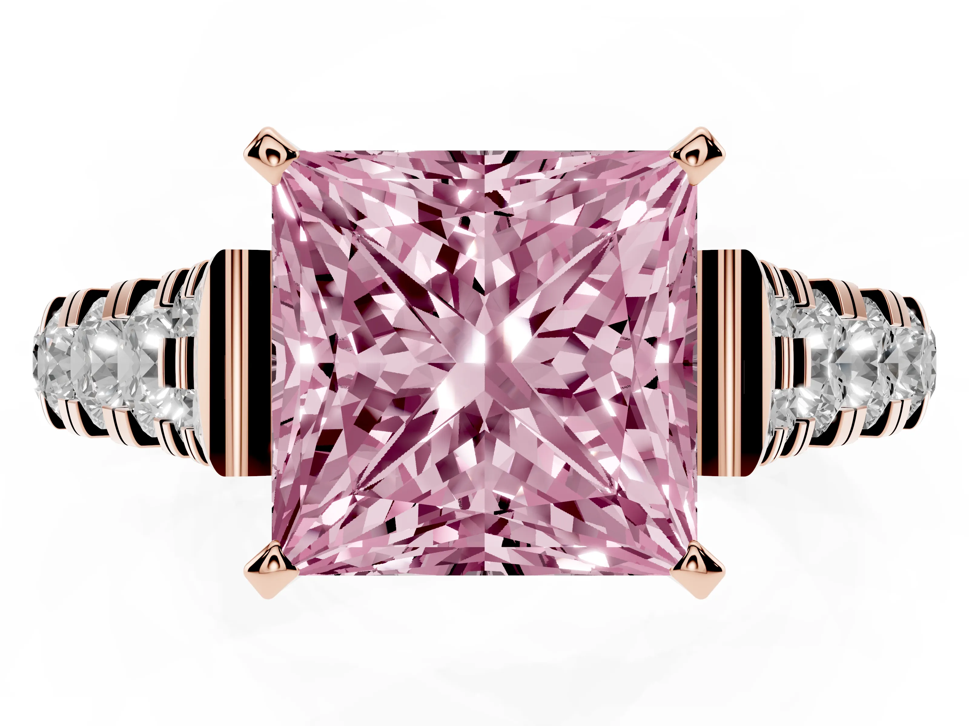 Fancy Pink Princess Cut Diamond Classic Solitaire Ring Set in Rose gold with Pavé Band and Prong Setting