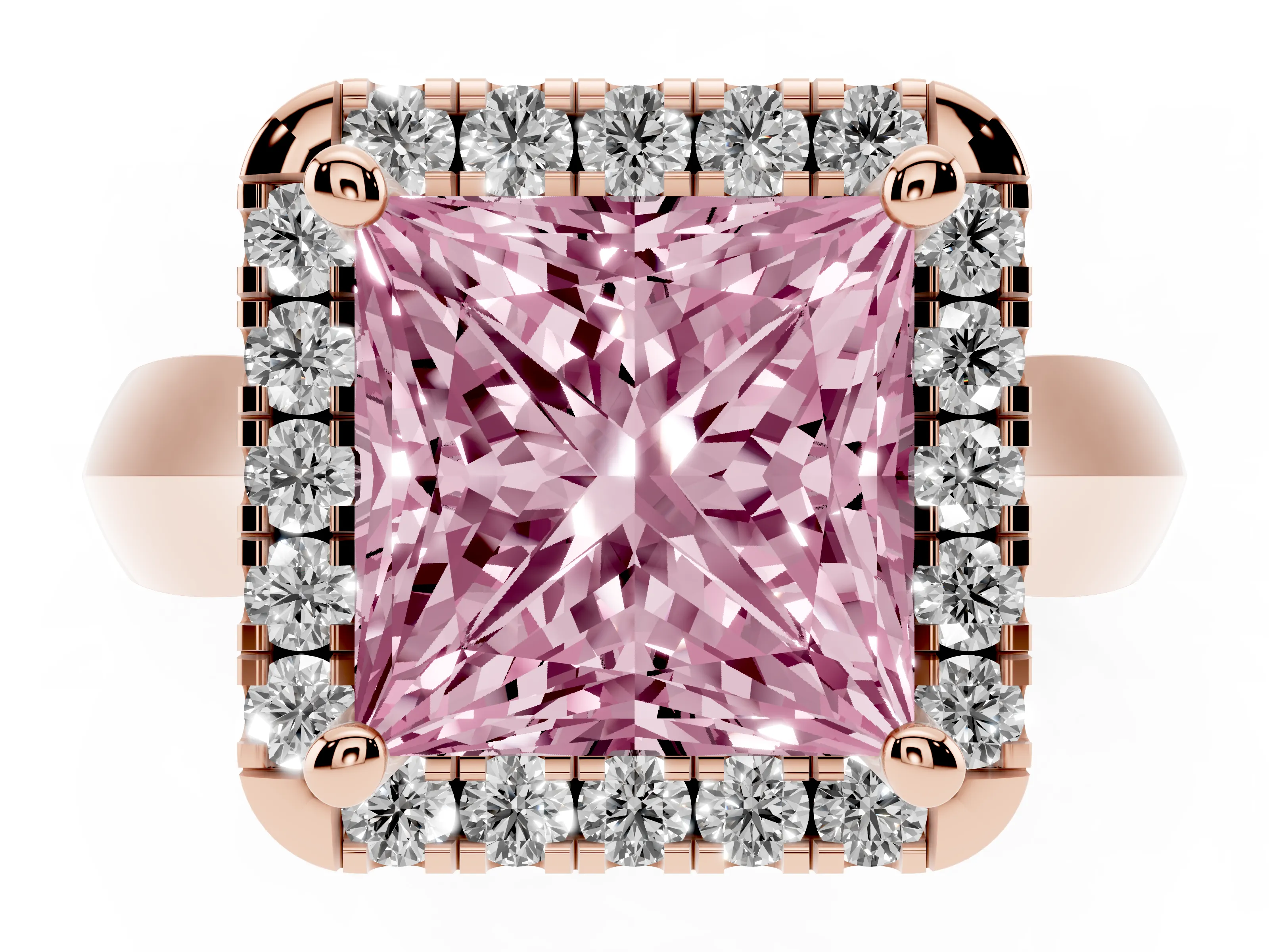 Fancy Pink Princess Cut Diamond Halo Solitaire Engagement Ring Set in Rose gold with Square Band and Prong Setting
