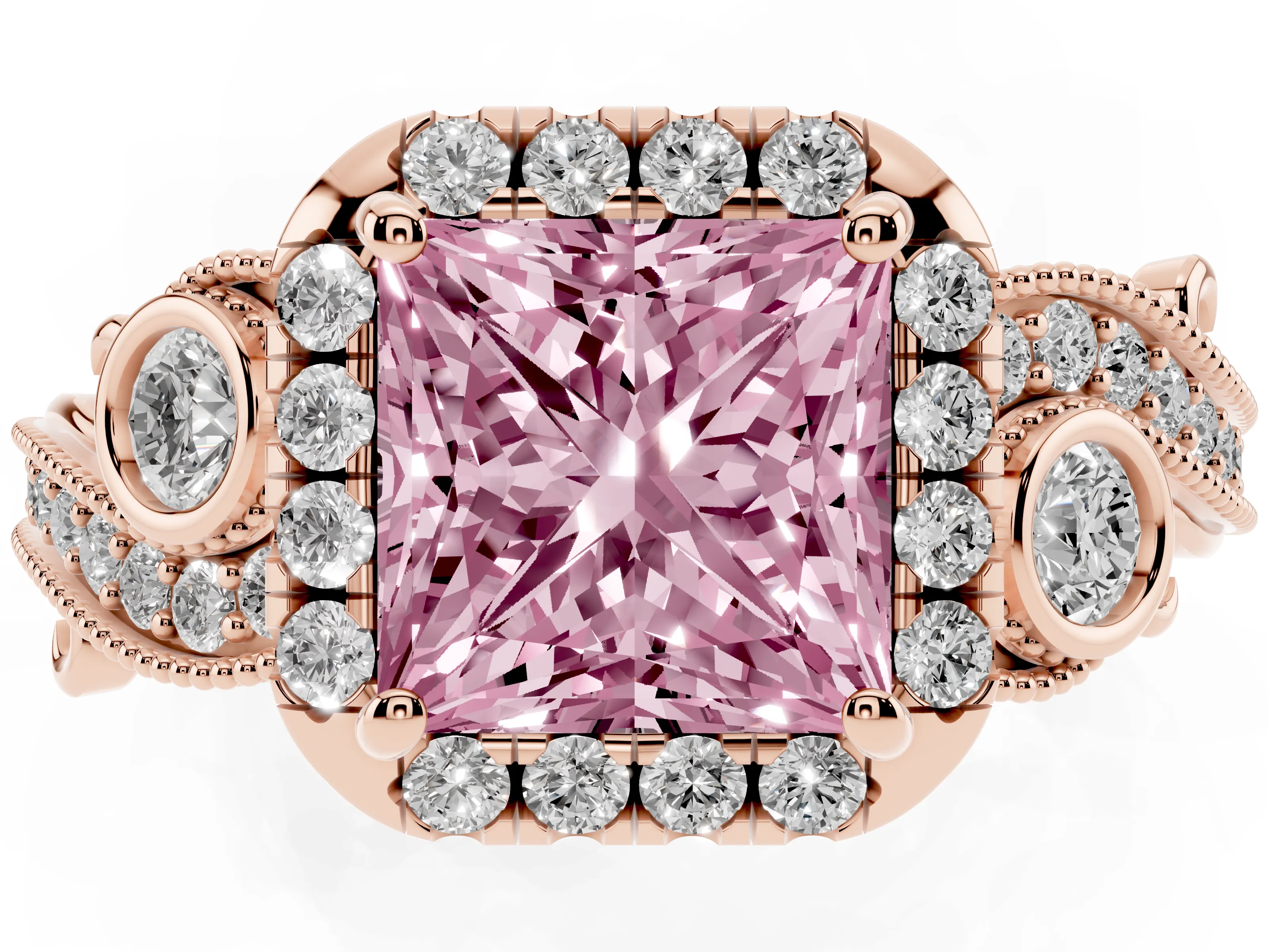 Fancy Pink Princess Cut Diamond Halo Ring Set in Rose gold with Milgrain Pavé Band and Prong Setting