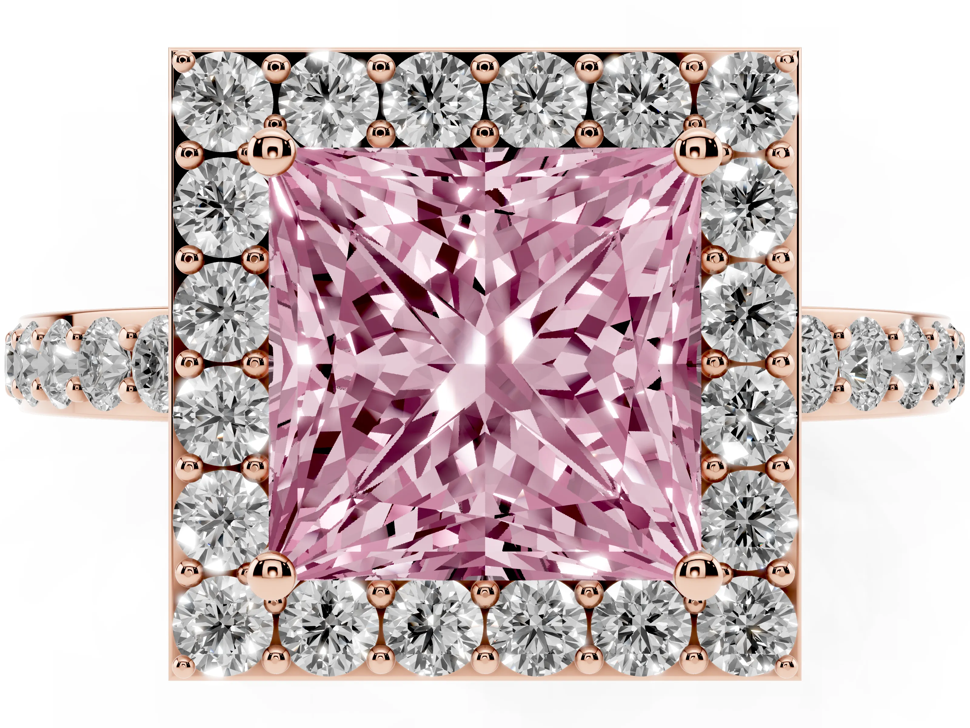 Fancy Pink Princess Cut Diamond Halo Ring Set in Rose gold with Pavé-Setting Band and Open Prong Center