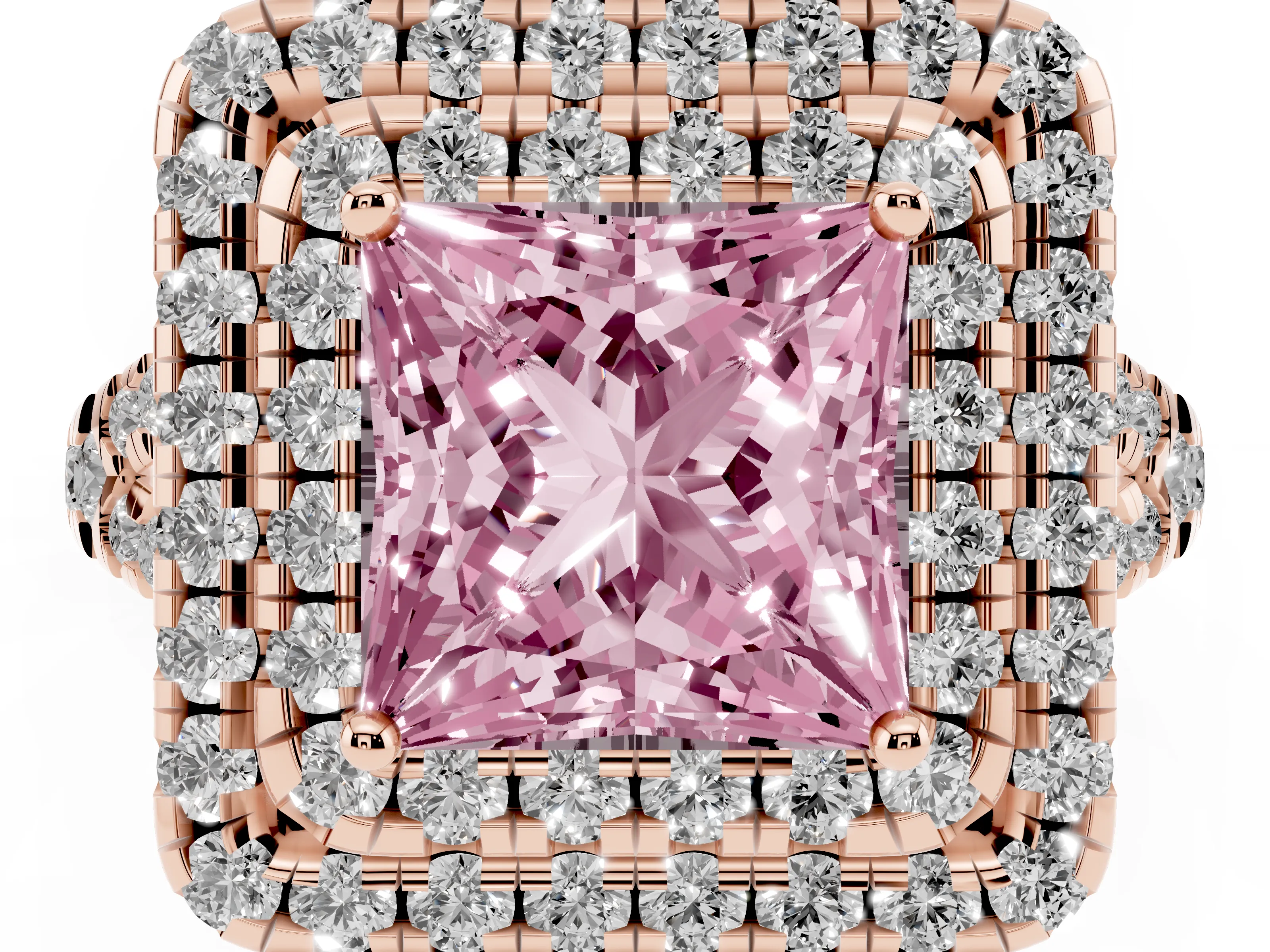 Fancy Pink Princess Cut Diamond Double Halo Ring Set in Rose gold with Pavé Split Shank and Prong Setting