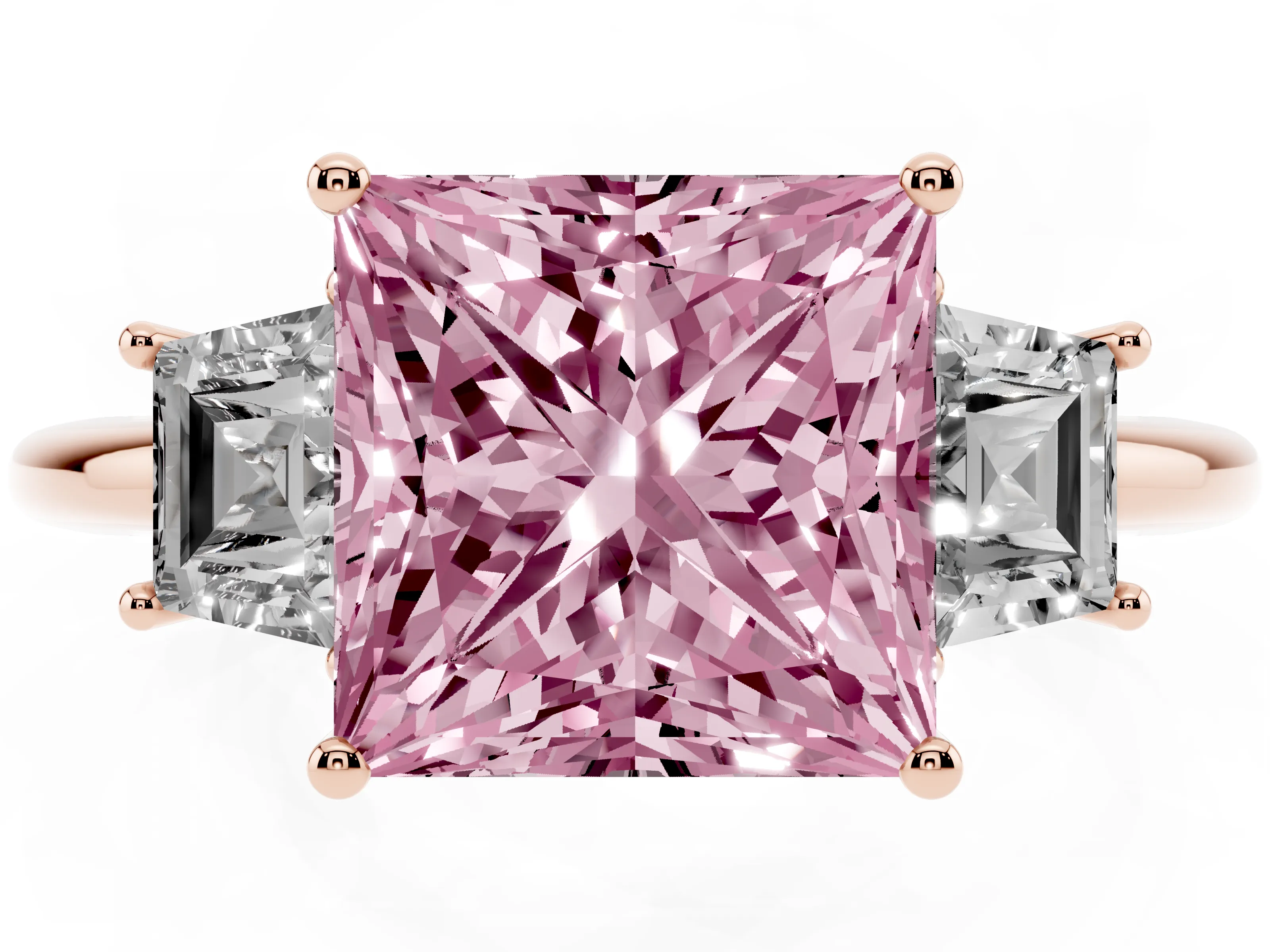 Fancy Pink Princess Cut Diamond Three-Stone Ring Set in Rose gold with Trapezoid Side Stones and Prong Setting