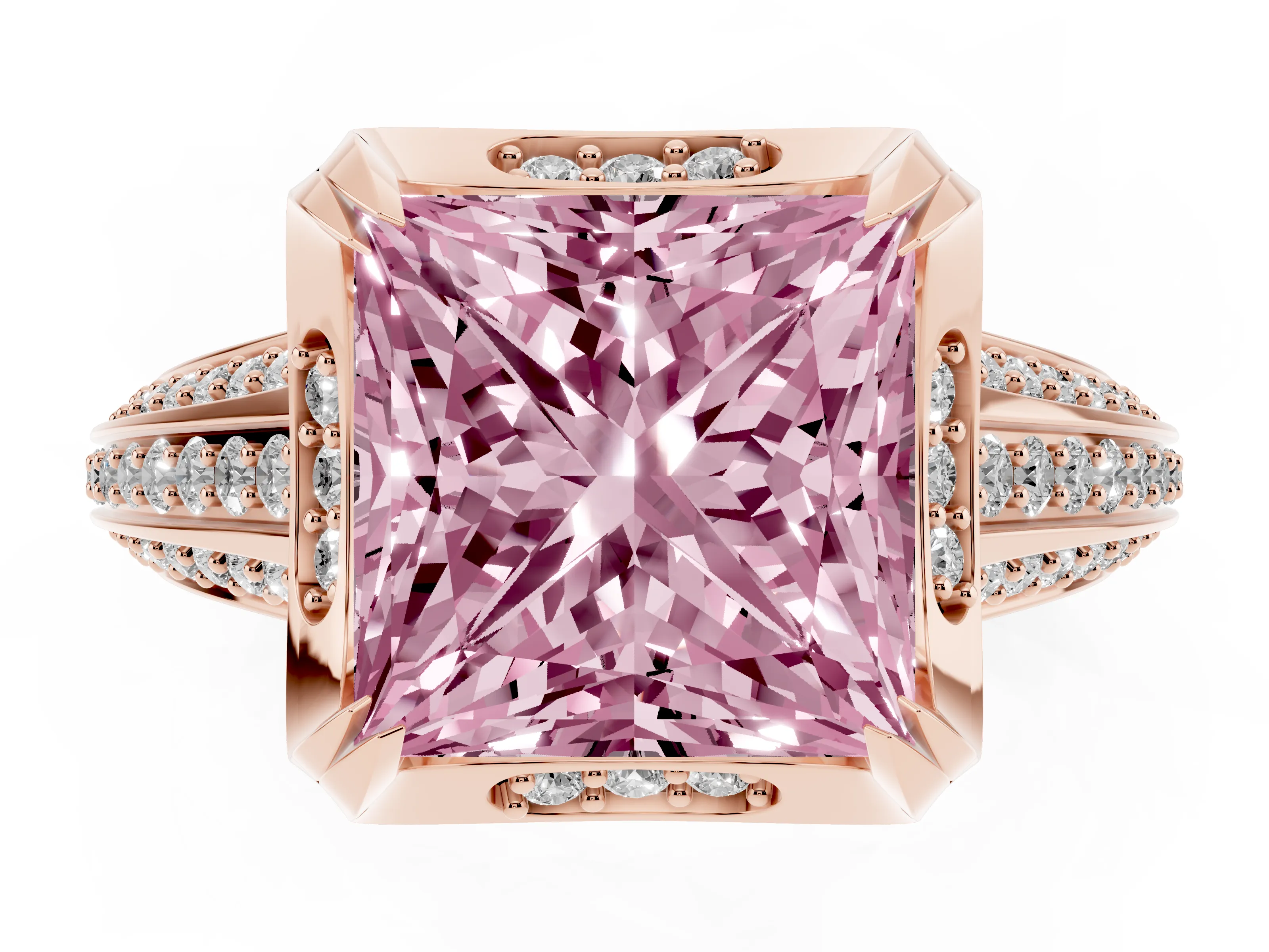 Fancy Pink Princess Cut Diamond Pavé Split Shank Solitaire Ring Set in Rose gold with Prong Setting
