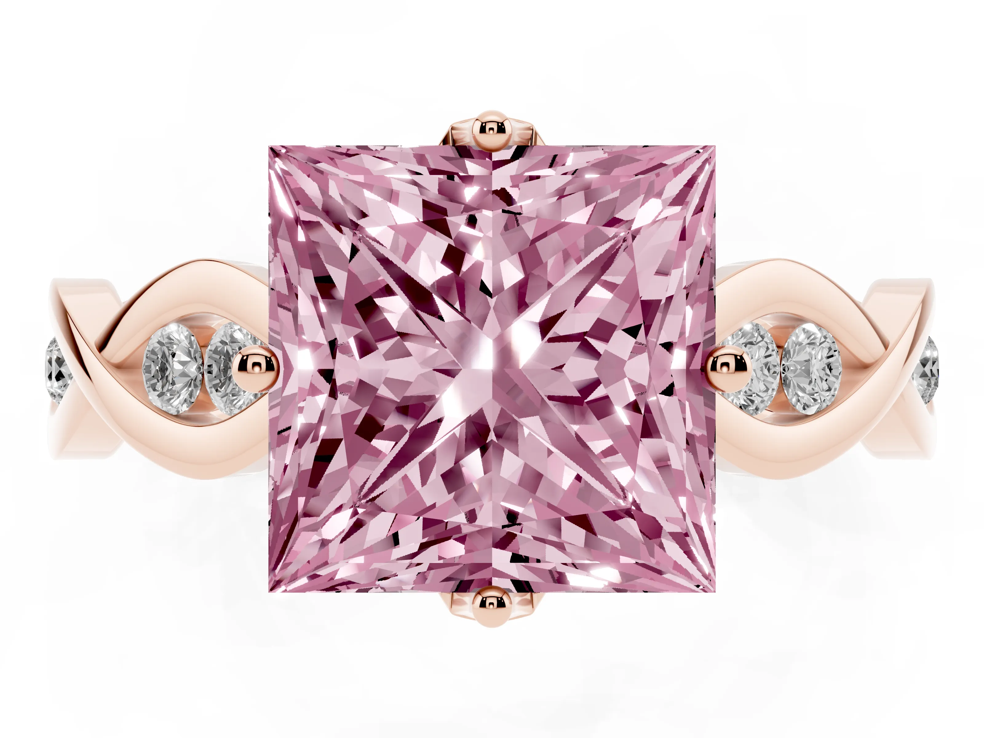 Fancy Pink Princess Cut Diamond Twist Band Solitaire Ring Set in Rose gold with Leaf Prong Setting and Accent Stones