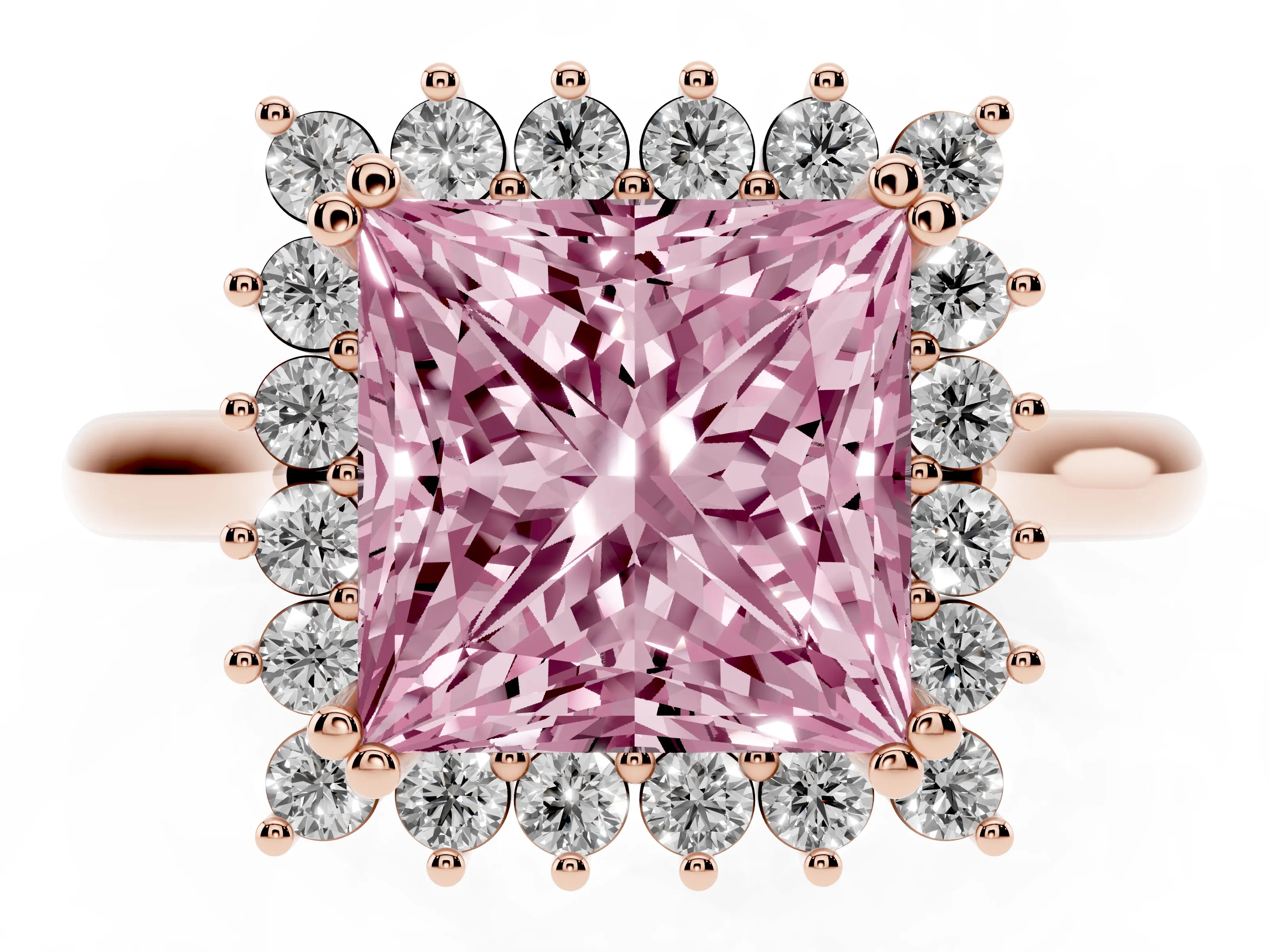 Fancy Pink Princess Cut Diamond Halo Ring Set in Rose gold with Plain Solitaire Band and Prong Setting