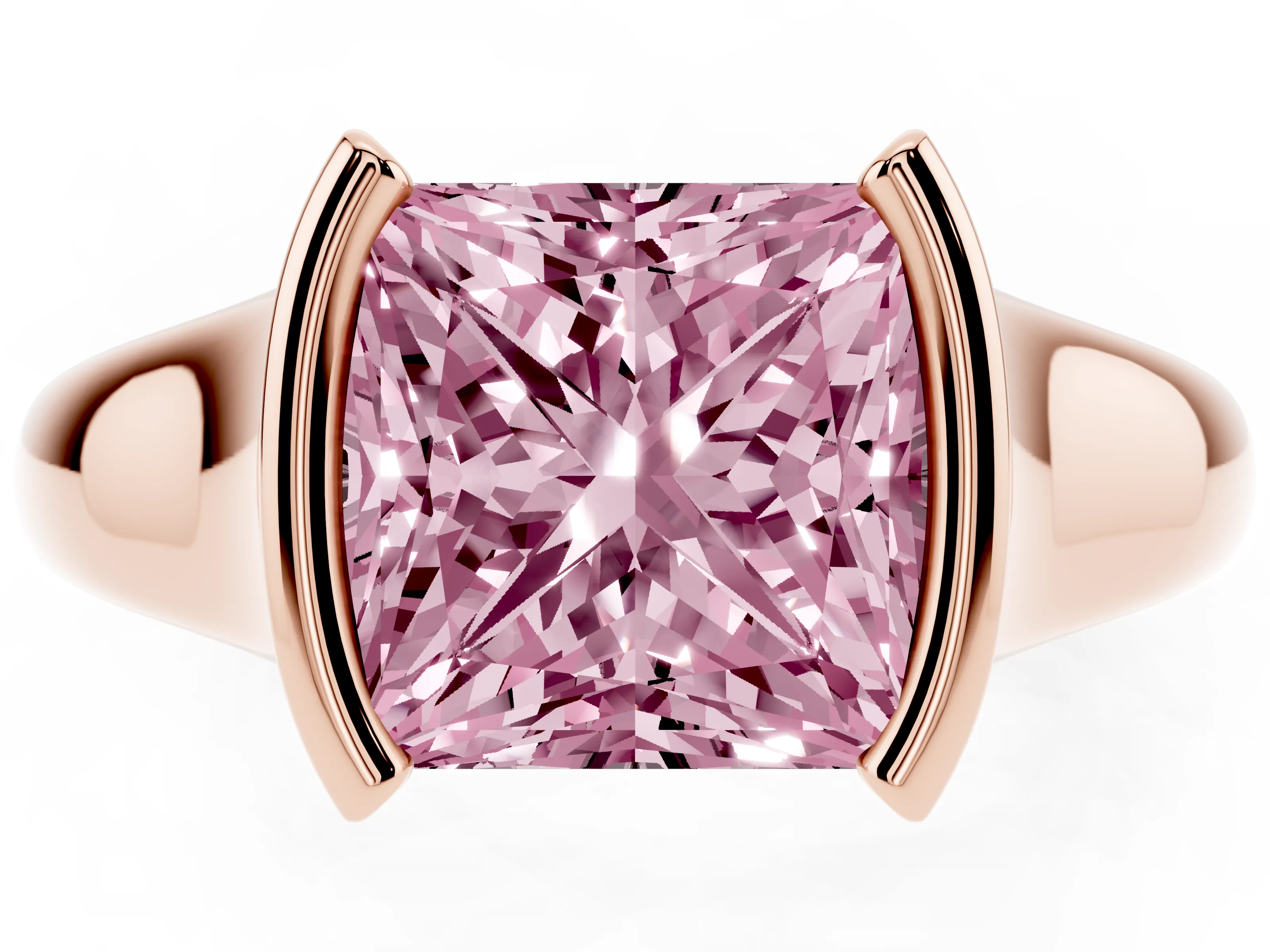 Fancy Pink Princess Cut Diamond Solitaire Tension Set Ring Set in Rose gold with Split Shank Band