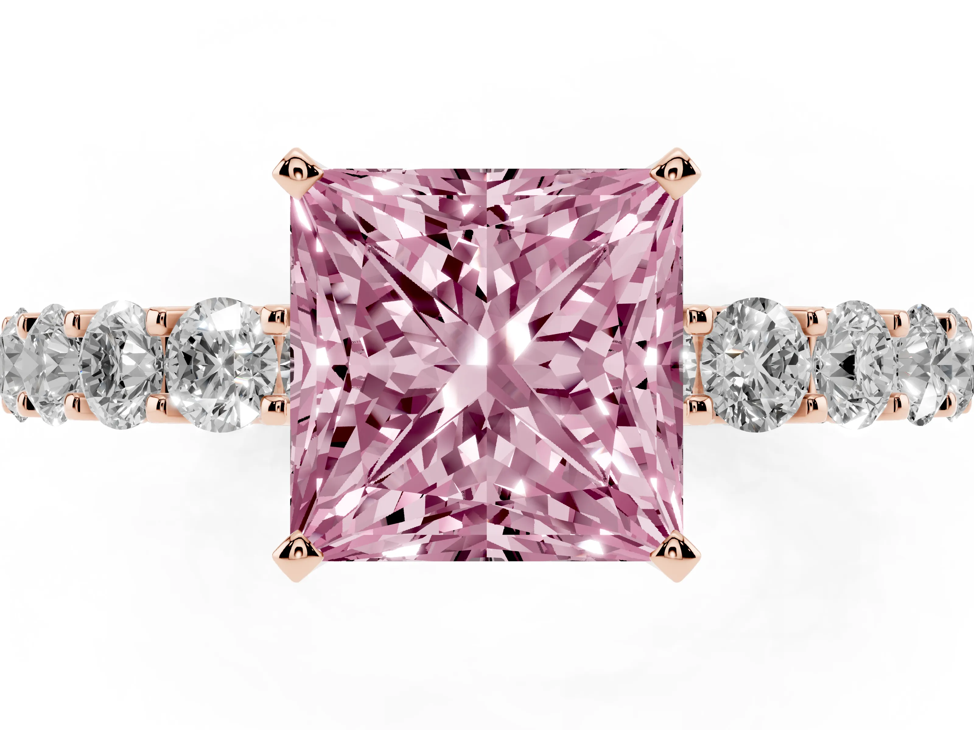 Fancy Pink Princess Cut Diamond Solitaire Ring Set in Rose gold with Shared Prong Pavé Band