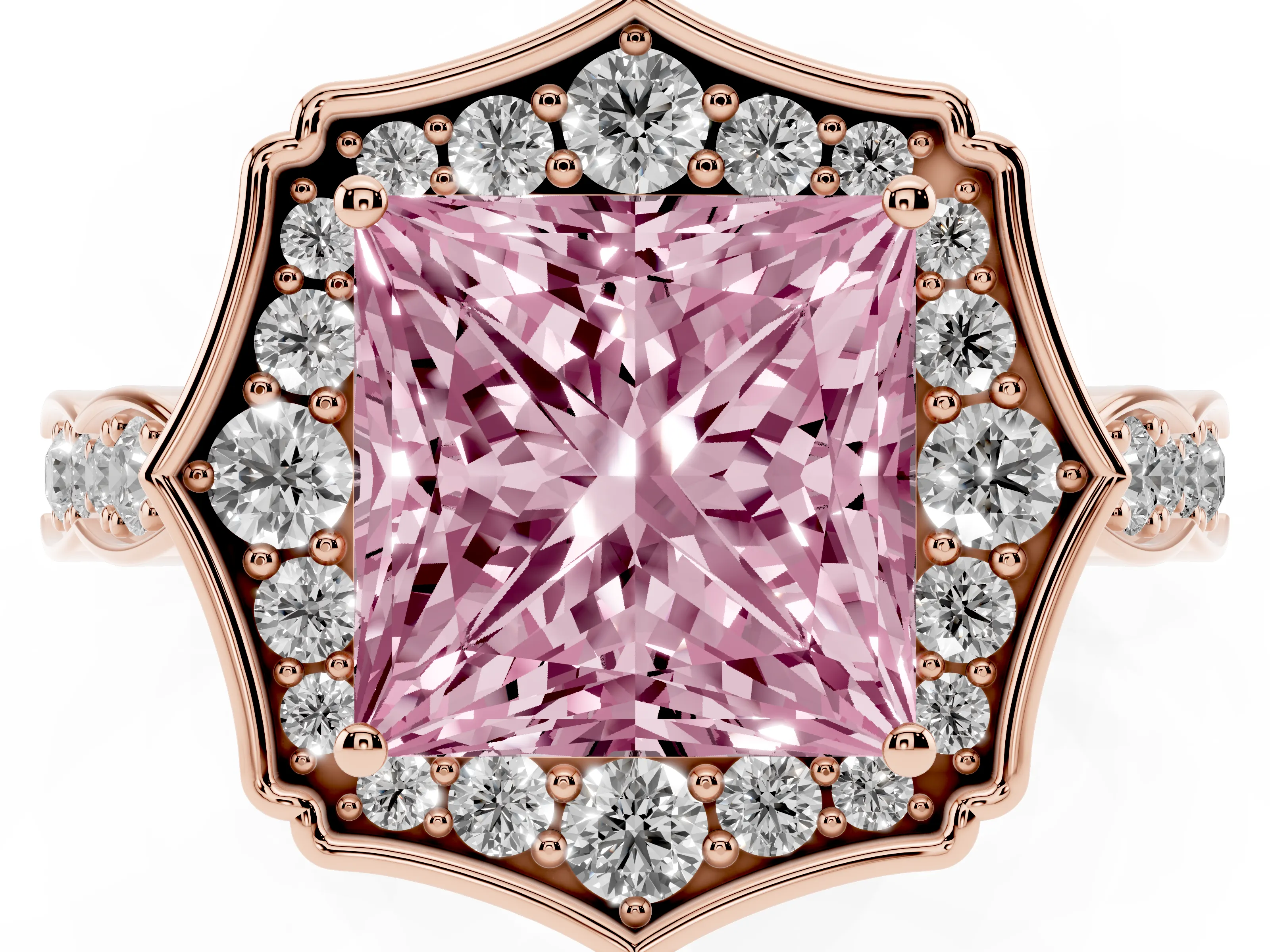 Fancy Pink Princess Cut Diamond Halo Engagement Ring Set in Rose gold with Milgrain Band and Prong Setting