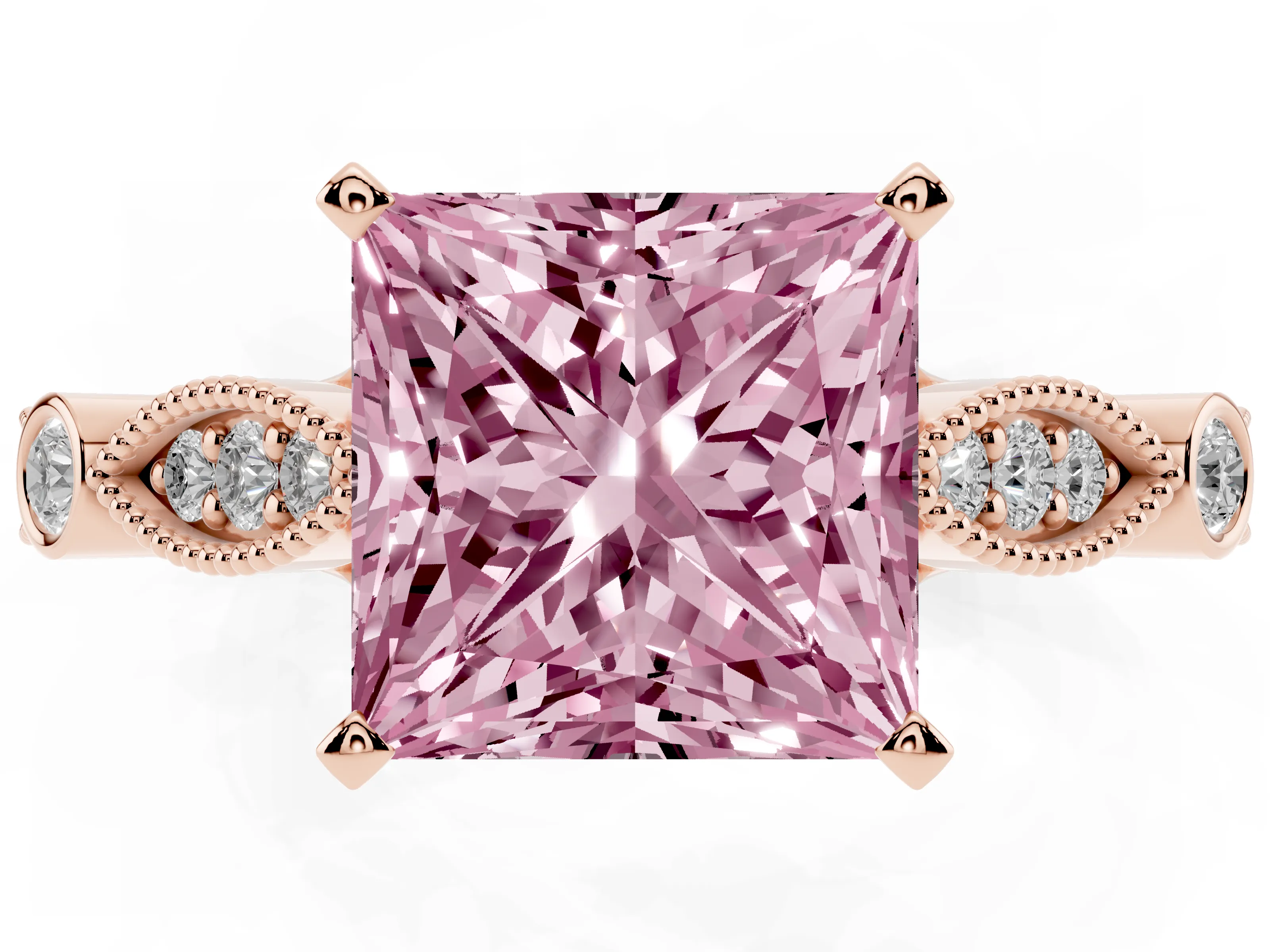 Fancy Pink Princess Cut Diamond Solitaire Ring Set in Rose gold with Milgrain Marquise and Bezel Accents