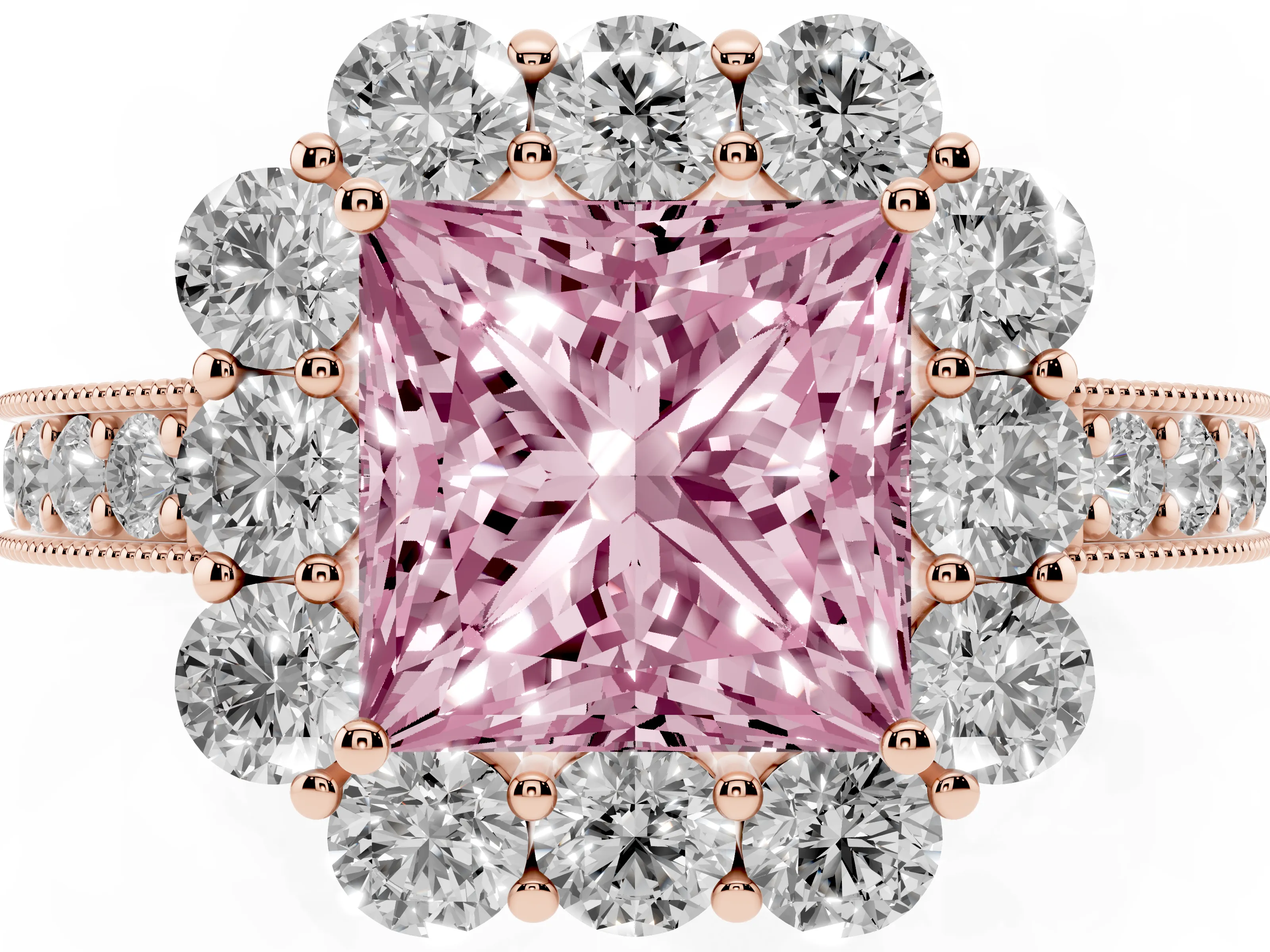 Fancy Pink Princess Cut Diamond Halo Pavé Engagement Ring Set in Rose gold with Milgrain Detailing