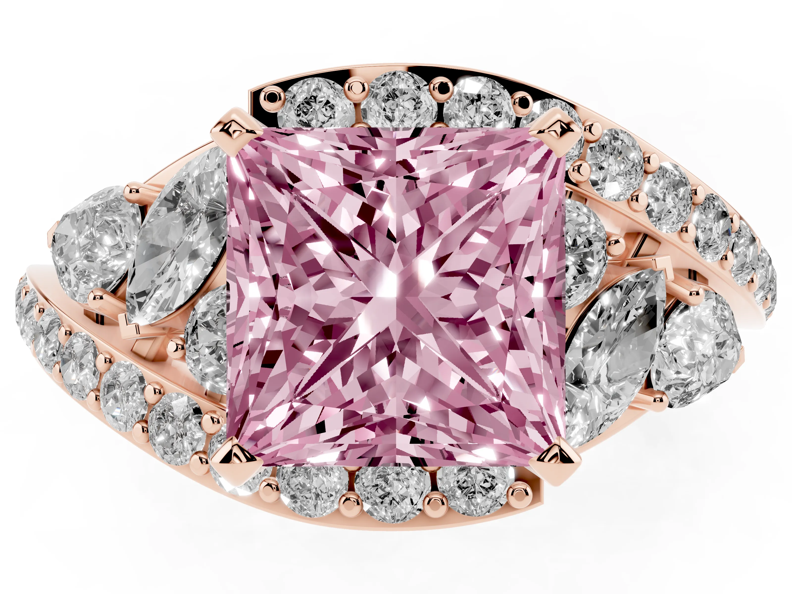 Fancy Pink Princess Cut Diamond Halo Ring Set in Rose gold with Marquise and Pavé Band in Prong Setting