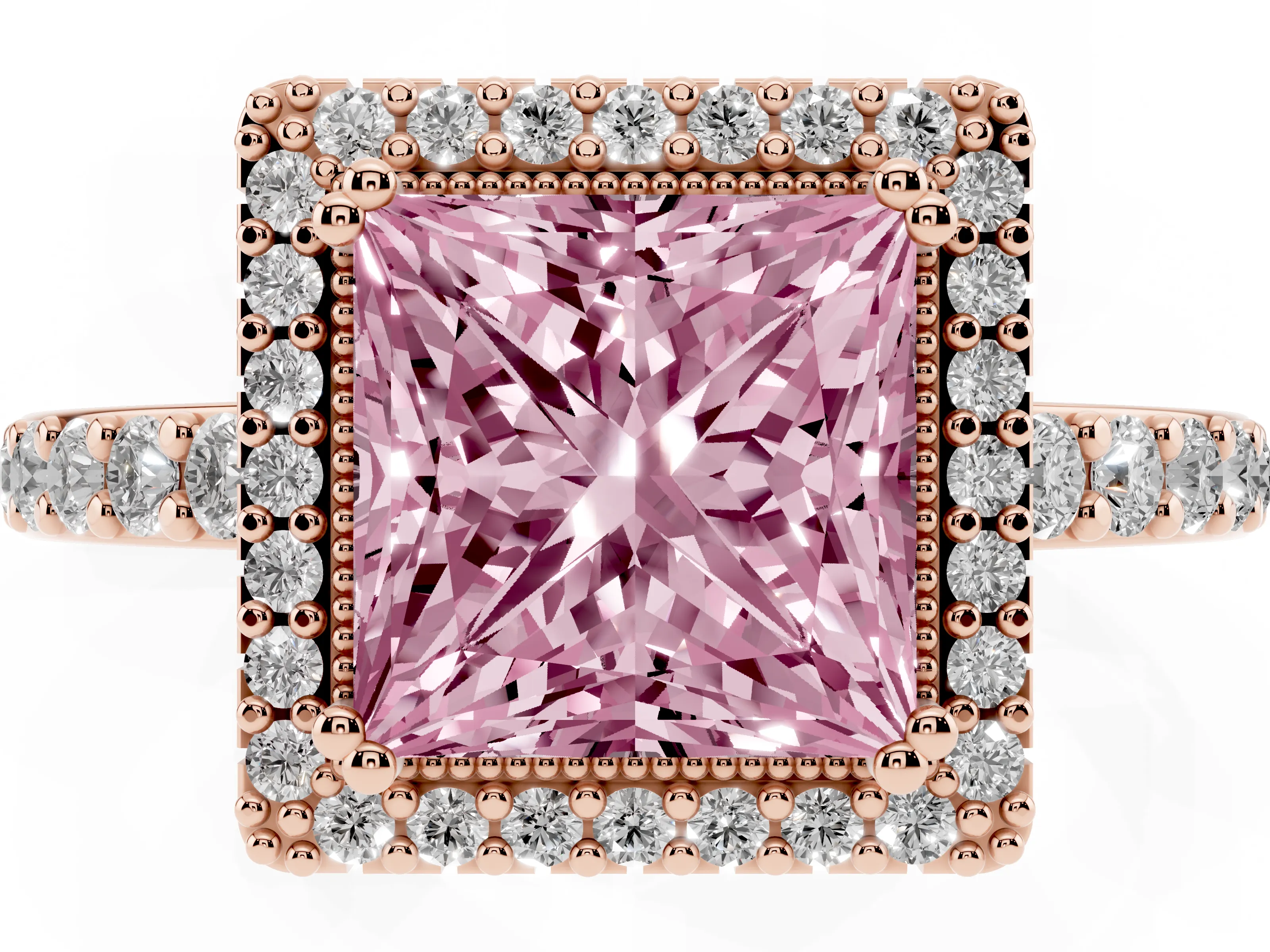 Fancy Pink Princess Cut Diamond Halo Engagement Ring Set in Rose gold with Milgrain Detail and Pavé Band