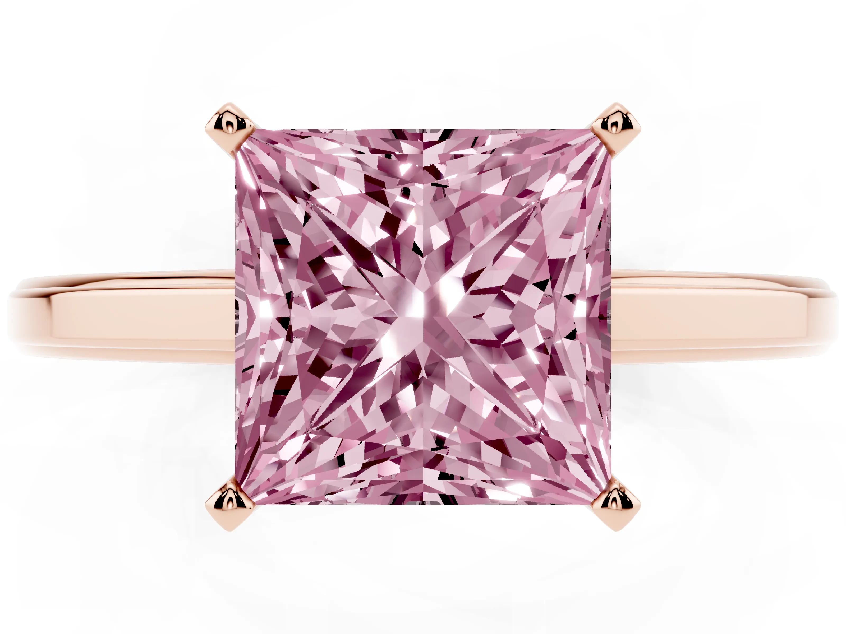Fancy Pink Princess Cut Diamond Solitaire Ring Set in Rose gold with Prong Setting and Classic Band
