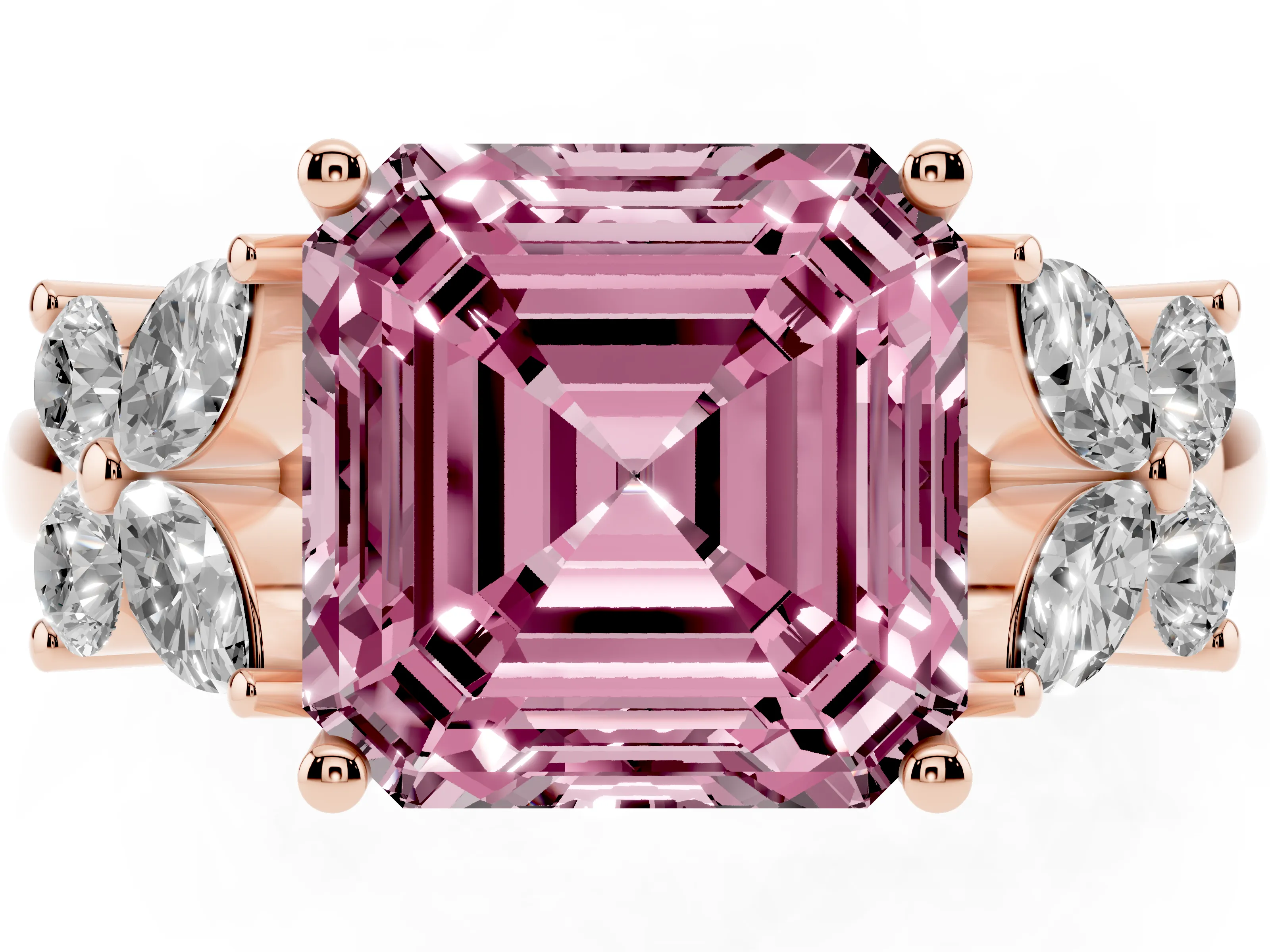 Fancy Pink Princess Cut Diamond Floral Cluster Ring Set in Rose gold with Marquise Petals and Prong Setting
