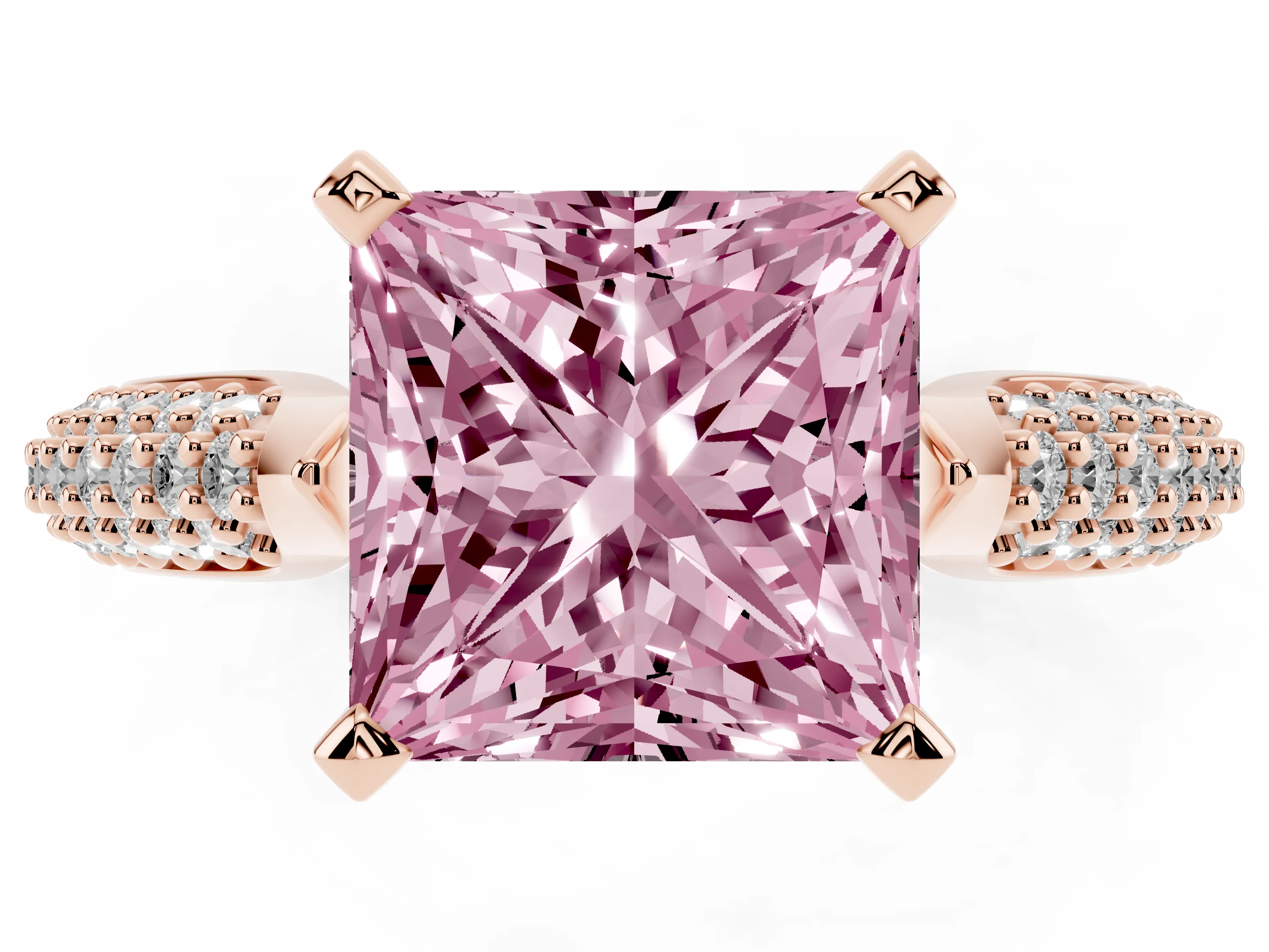 Fancy Pink Princess Cut Diamond Solitaire Engagement Ring Set in Rose gold with Multi-Row Round Pavé Band and Prong Setting