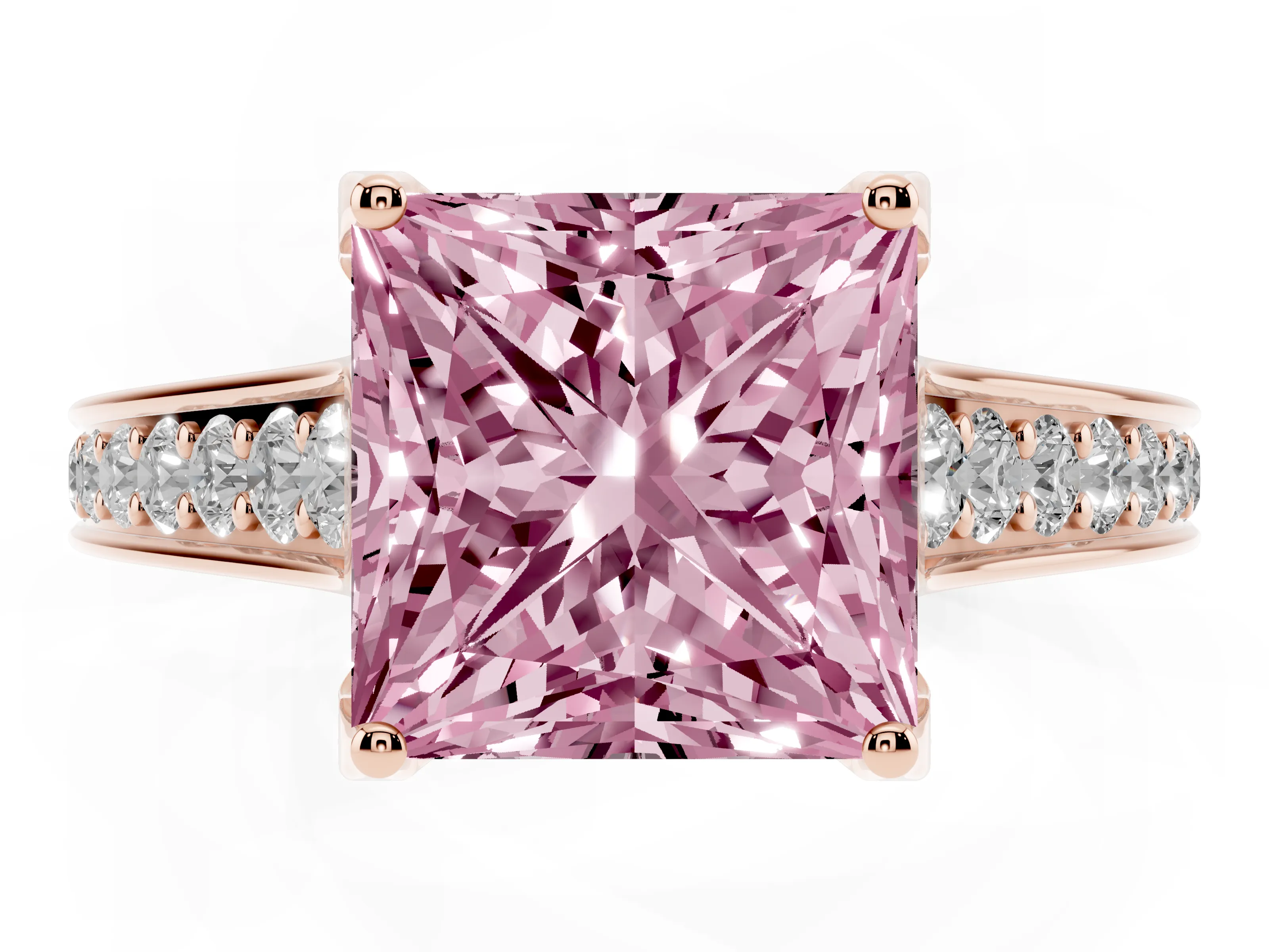 Fancy Pink Princess Cut Diamond Solitaire Pavé Engagement Ring Set in Rose gold with Prong Setting