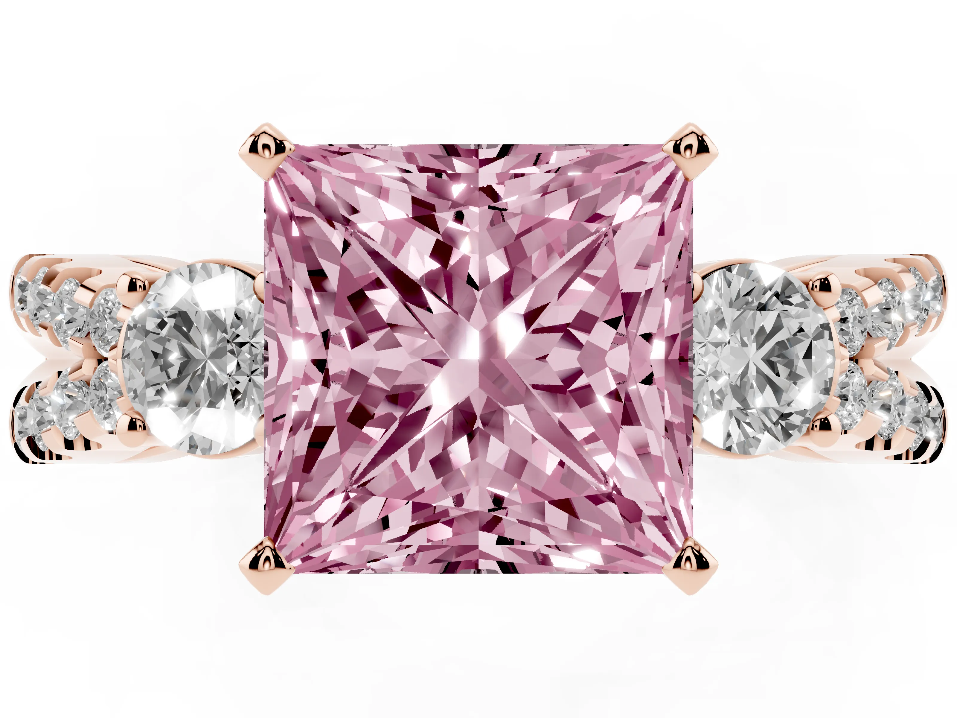 Fancy Pink Princess Cut Diamond Three-Stone Ring Set in Rose gold with Pavé Split Shank and Prong Setting