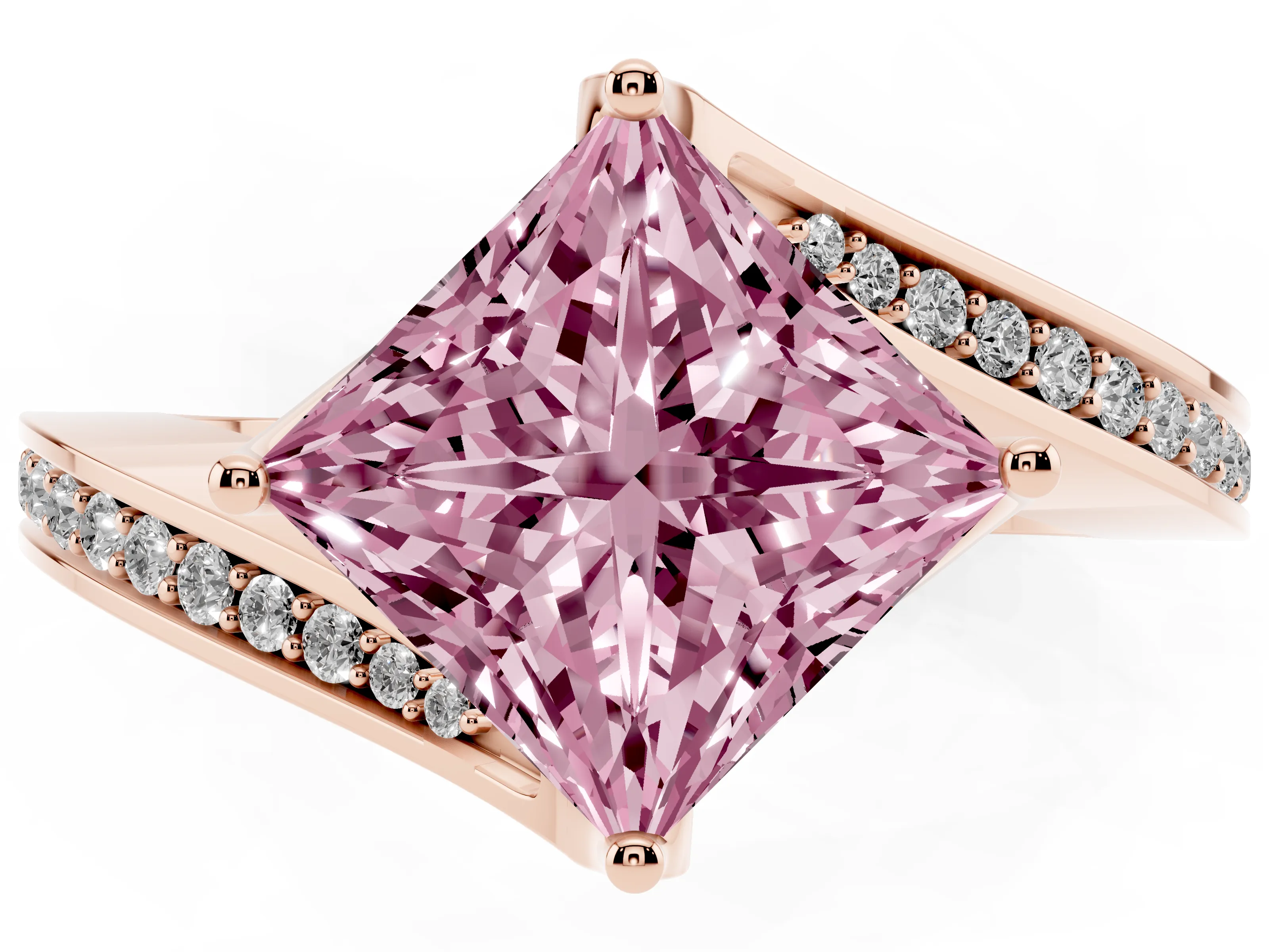 Fancy Pink Princess Cut Diamond Solitaire Ring Set in Rose gold with Intertwined Pavé Twist Band