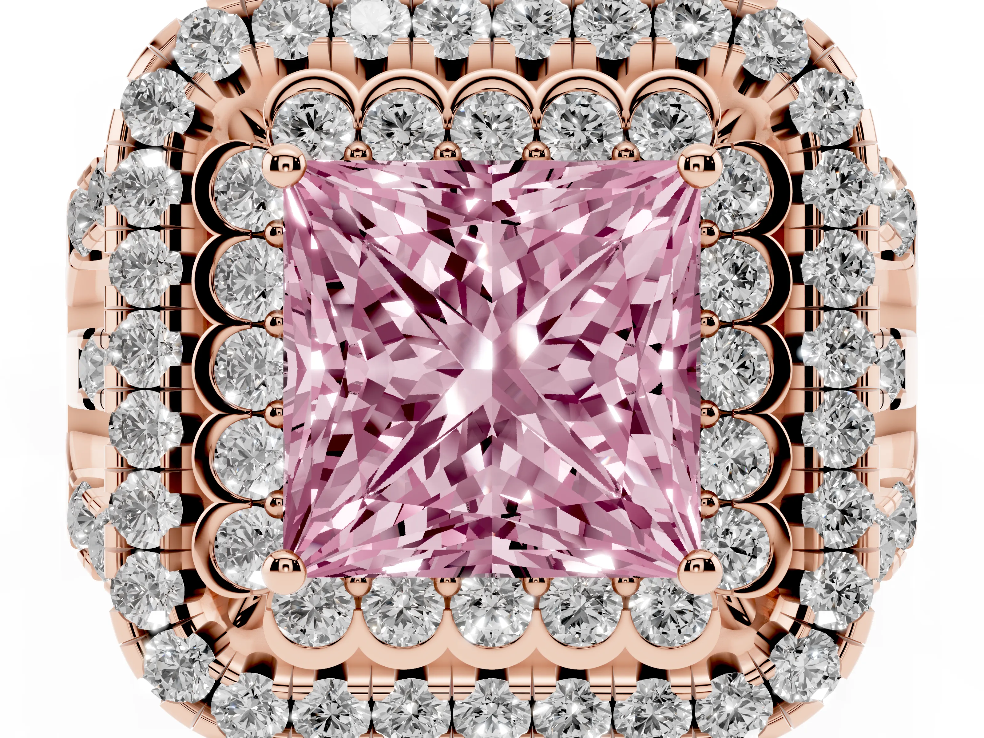 Fancy Pink Princess Cut Diamond Double Halo Ring Set in Rose gold with Round Pavé Split Shank