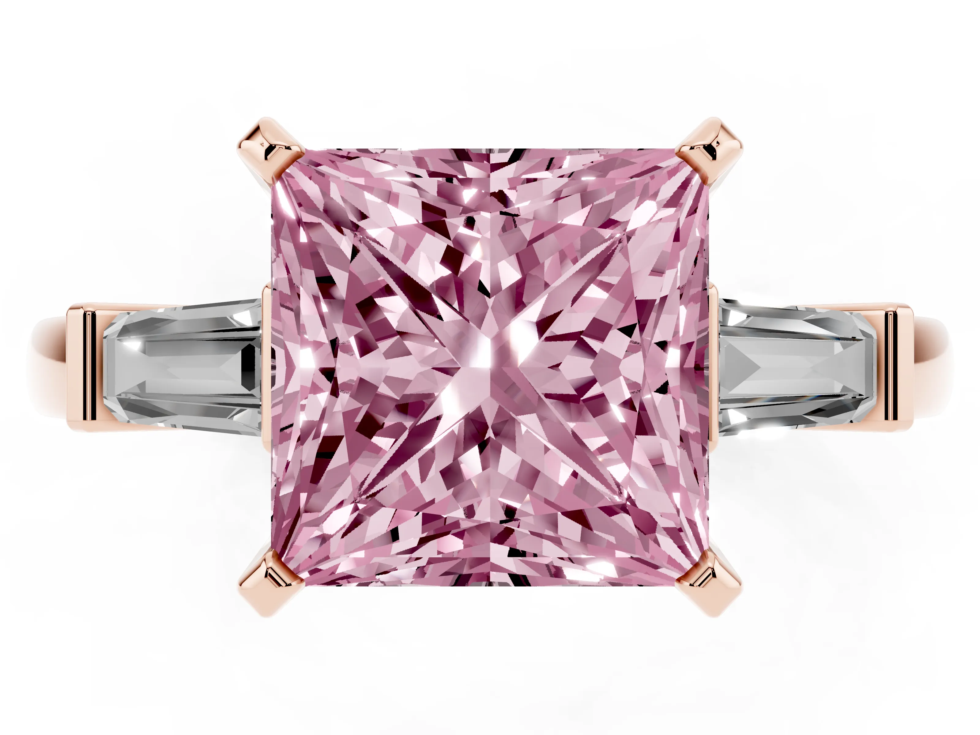 Fancy Pink Princess Cut Diamond Solitaire Ring Set in Rose gold with Tapered Baguette Accents and Prong Setting