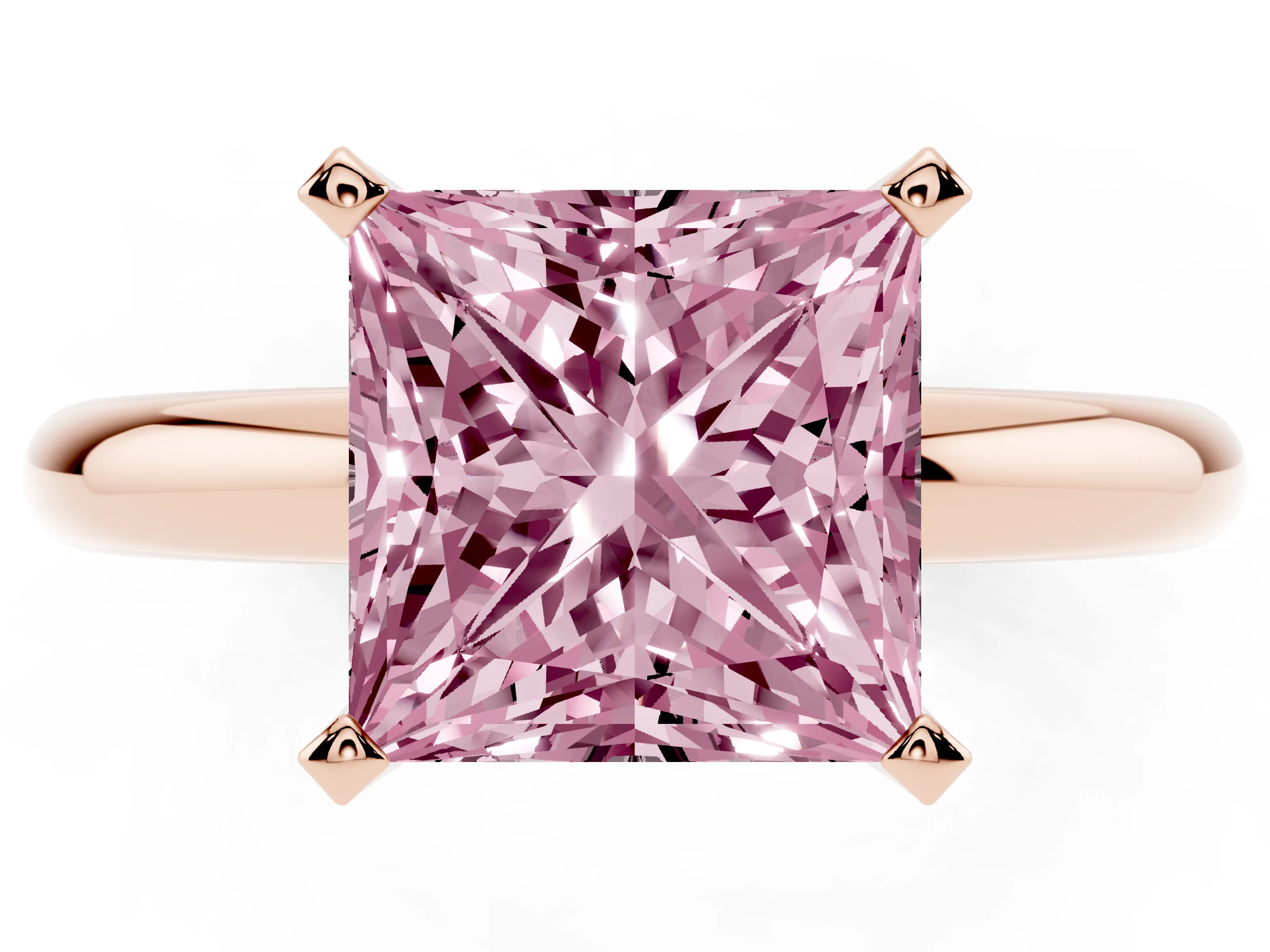 Fancy Pink Princess Cut Diamond Solitaire Engagement Ring Set in Rose gold with Round Band and Prong Setting