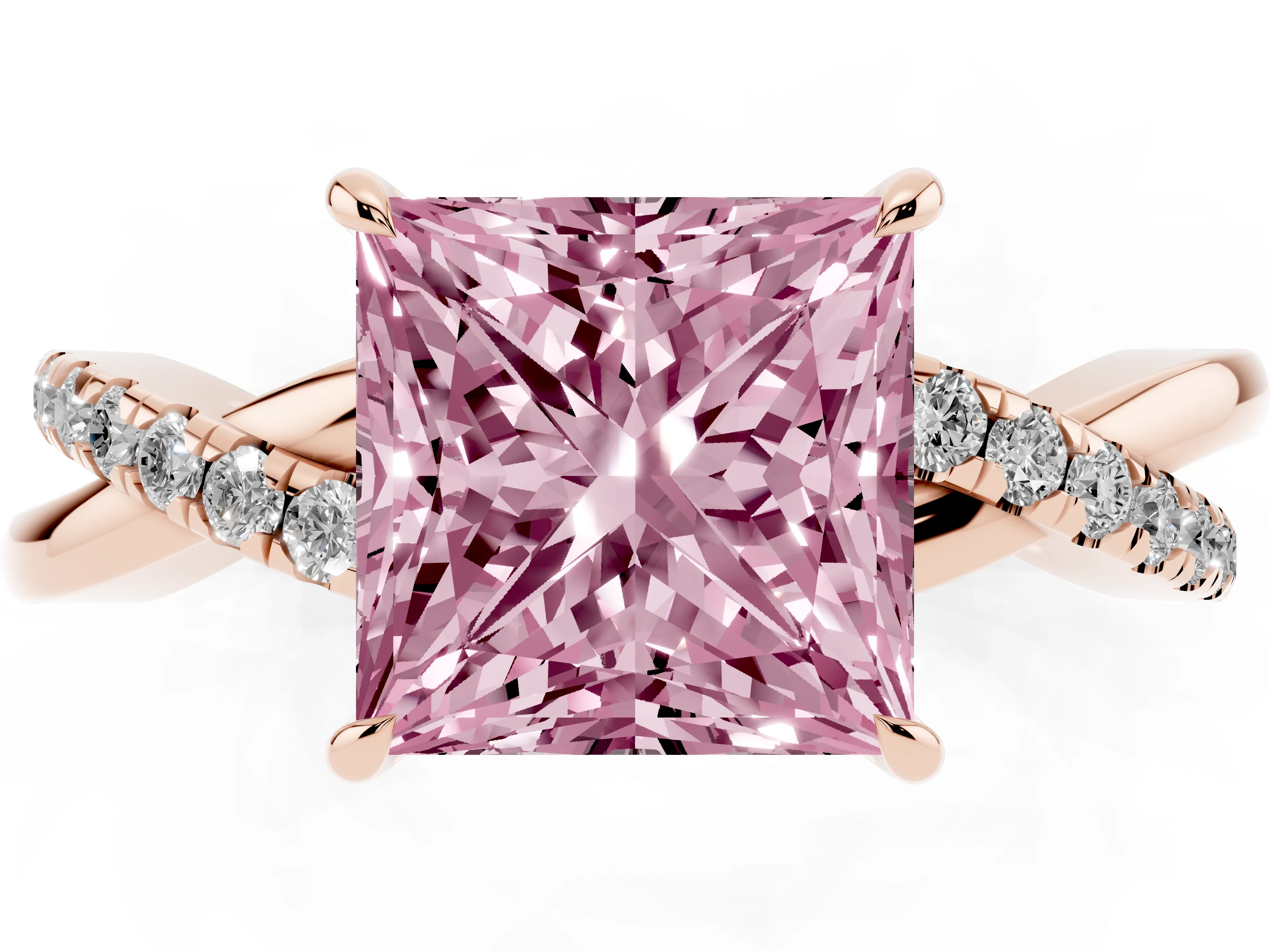 Fancy Pink Princess Cut Diamond Twisted Pavé Band Ring Set in Rose gold with Prong Setting