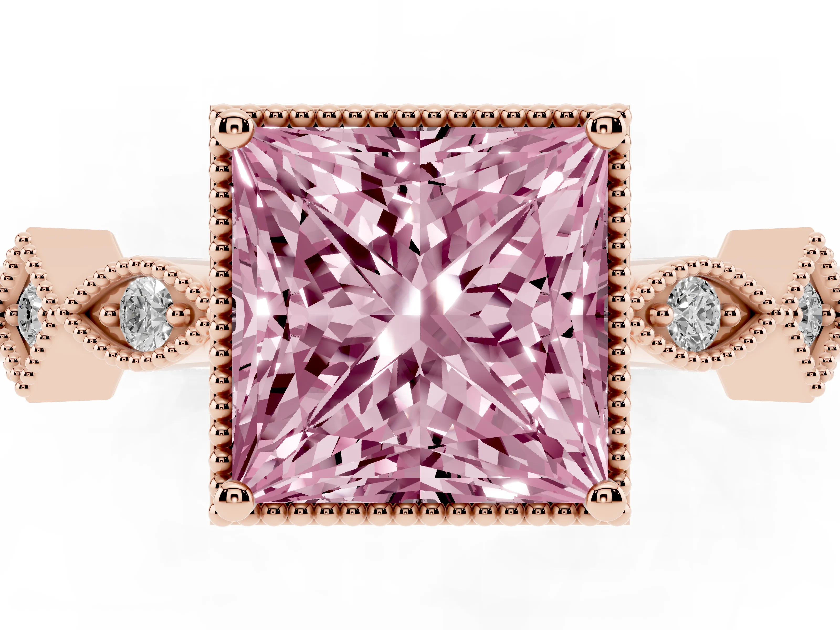 Fancy Pink Princess Cut Diamond Milgrain Marquise Twist Band Ring Set in Rose gold with Prong Setting